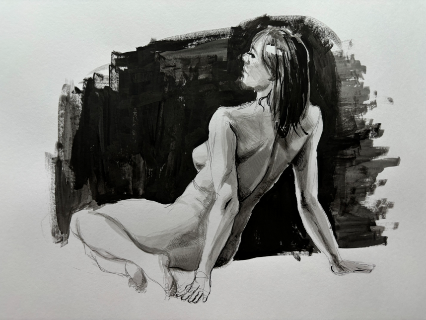 Black and white illustration of a woman sitting on the ground, facing sideways with her head turned to the right, one hand on the ground and the other resting on her knee, featuring expressive brush strokes and shading.