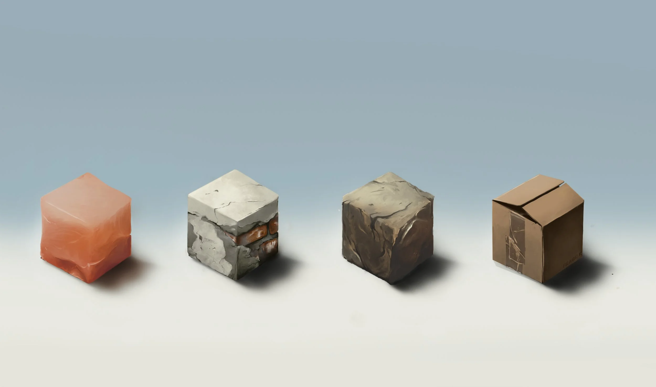 Four small blocks with different textures and colors: pinkish-orange, white with cracks and bricks, dark gray with veins, and light brown with a boxy shape.
