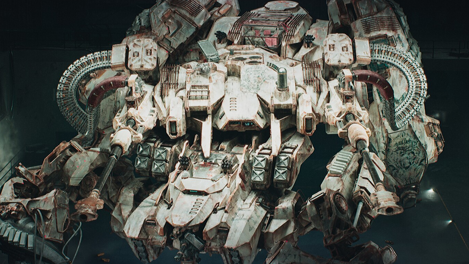 A large spaceship or mech robot in a hangar, painted in white and tan with weathered and battle-worn markings, equipped with multiple weapons and mechanical parts.
