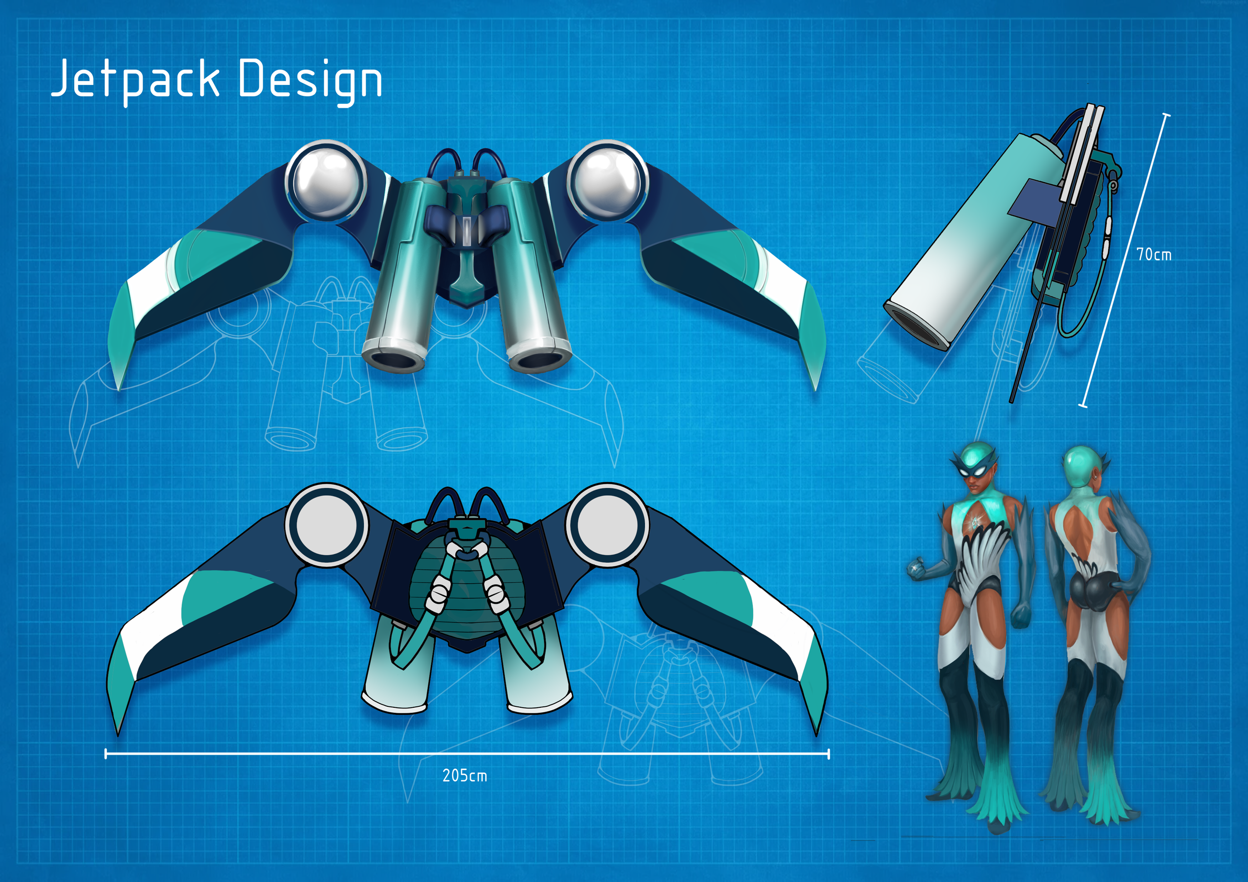 Blueprint-style technical drawing of a futuristic jetpack with dimensions, featuring a sleek, aerodynamic design, with two character figures shown to highlight size, and various detailed components.