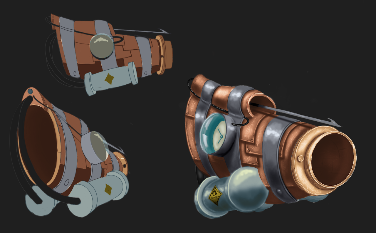 Digital illustration of a steampunk-style telescope with brass and copper components, gauges, and warning labels, shown from multiple angles against a dark background.