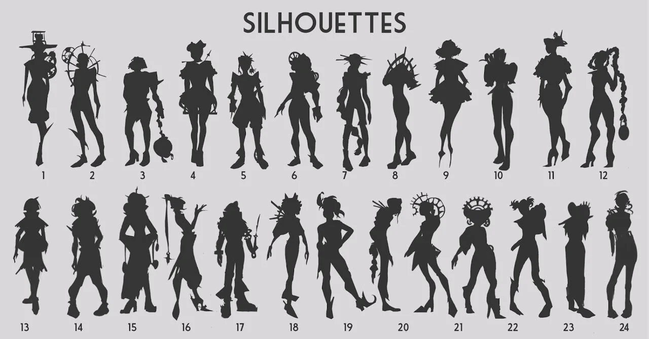 Silhouette images of 24 different fantasy and fictional characters, labeled 1 to 24, with the title 'SILHOUETTES' at the top.