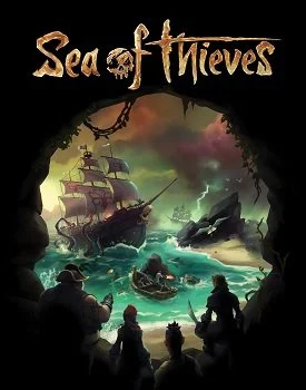 Artwork of the game 'Sea of Thieves' showing a ship, a small boat, pirates, and stormy sea seen through a cave entrance.