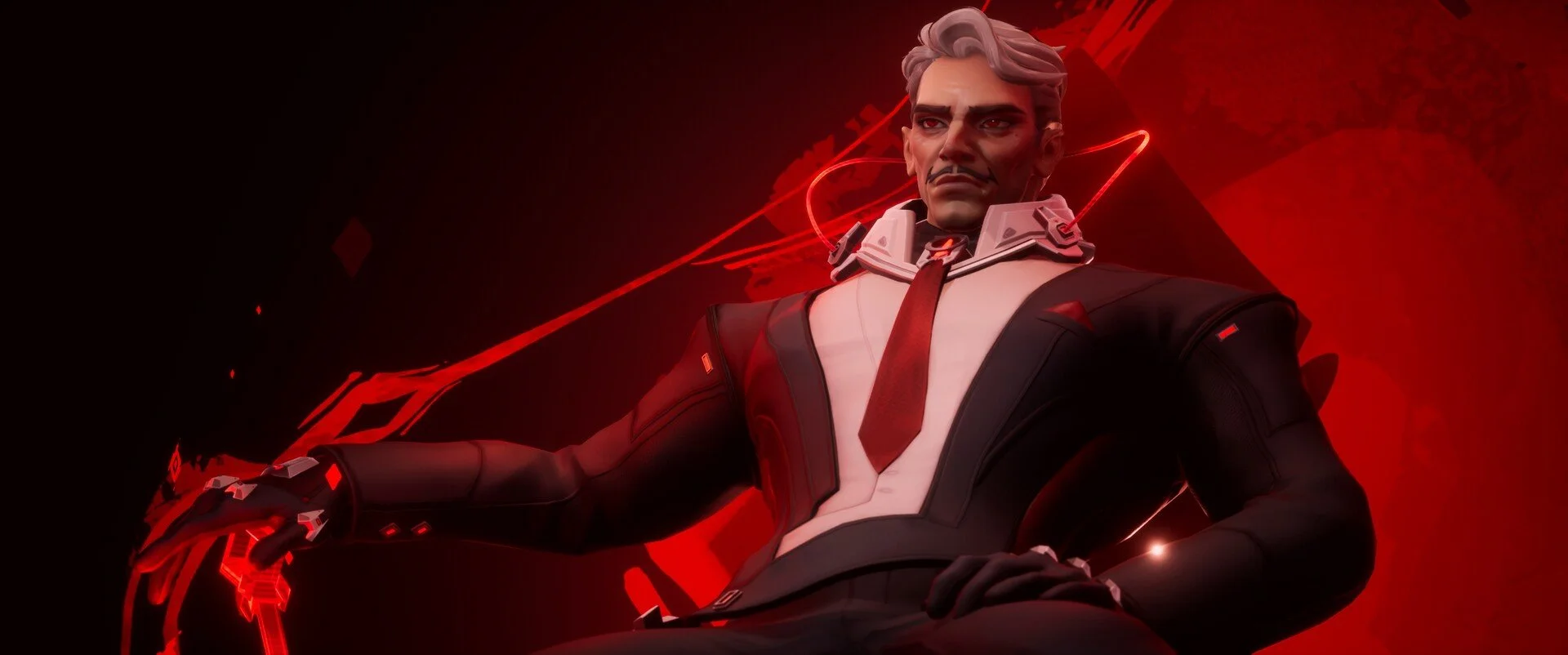 Digital illustration of a serious-looking male character in a futuristic black and white outfit with red accents, set against a red background with abstract shapes and glowing lines.