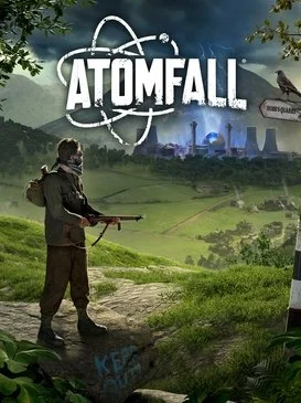 A person wearing a gas mask and holding a firearm standing outdoors on a grassy hill, with a city skyline and smoke or storm in the background, and the title 'ATOMFALL' with a sci-fi logo at the top.