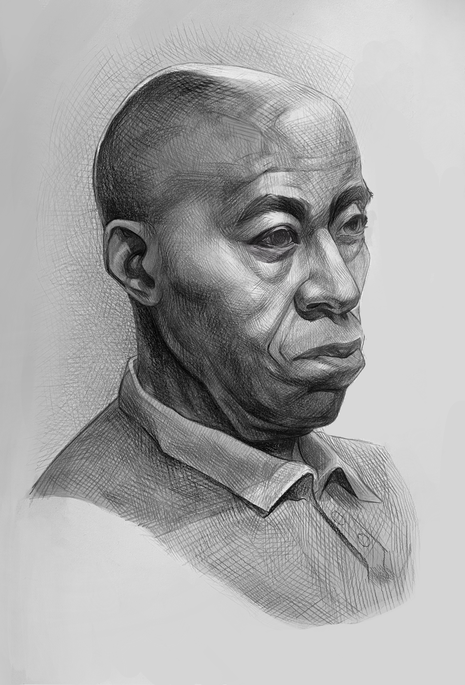 A detailed pencil sketch of a middle-aged man with a serious expression, wearing a collared shirt.