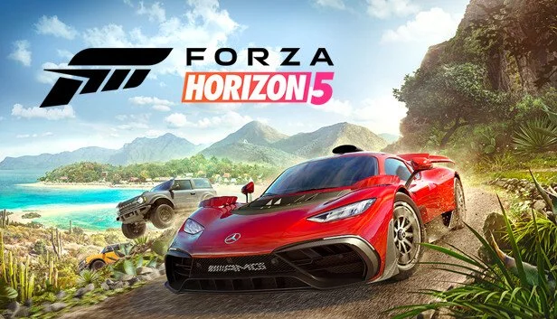 Red futuristic sports car driving on a dirt road near a tropical beach with mountains in the background, with a floating off-road vehicle and a helicopter, promoting the video game Forza Horizon 5.