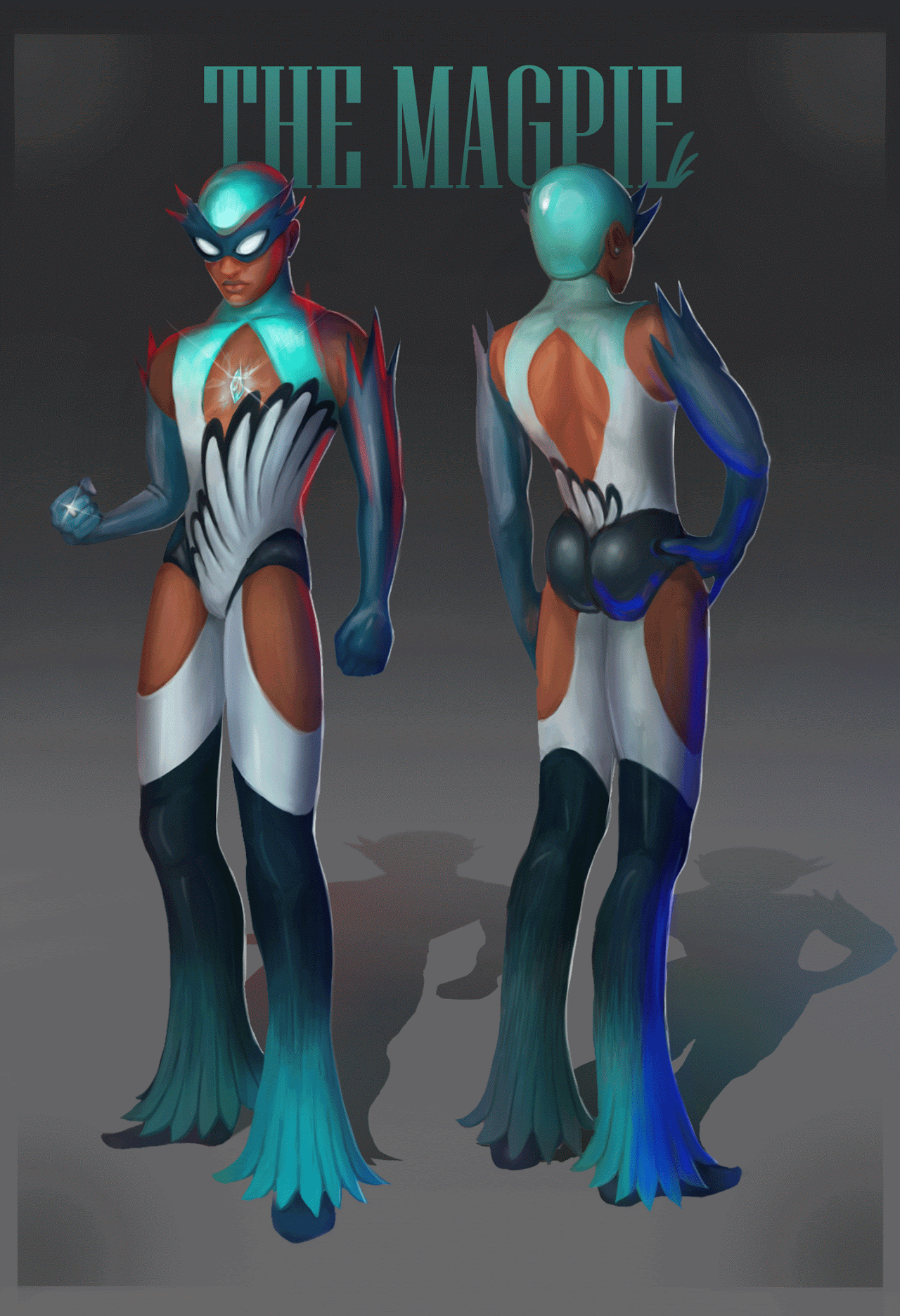 Artwork of two female characters in colorful, futuristic fish-inspired costumes, one facing forward with a mask and the other back view, with the text 'The Magpie' above them.