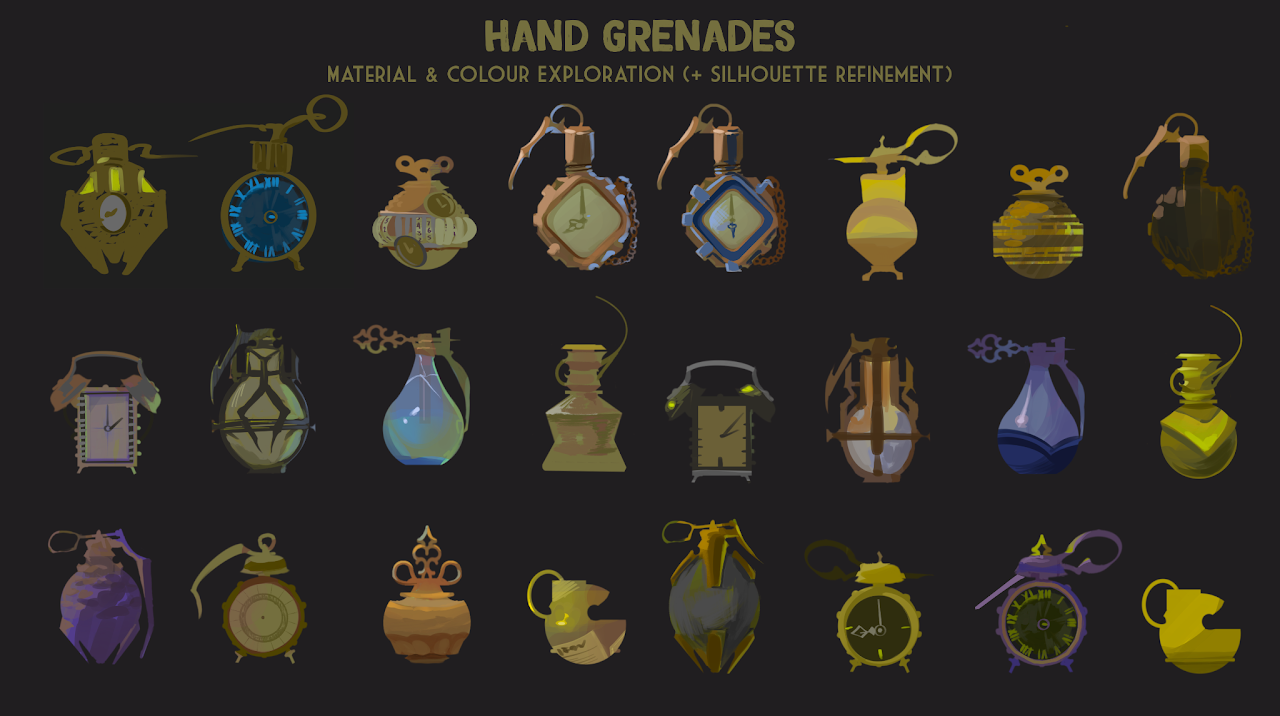 Collection of illustrated hand grenades with different designs, colors, and silhouettes, arranged in rows on a dark background, titled "Hand Grenades Material & Colour Exploration (+ Silhouette Refinement)."
