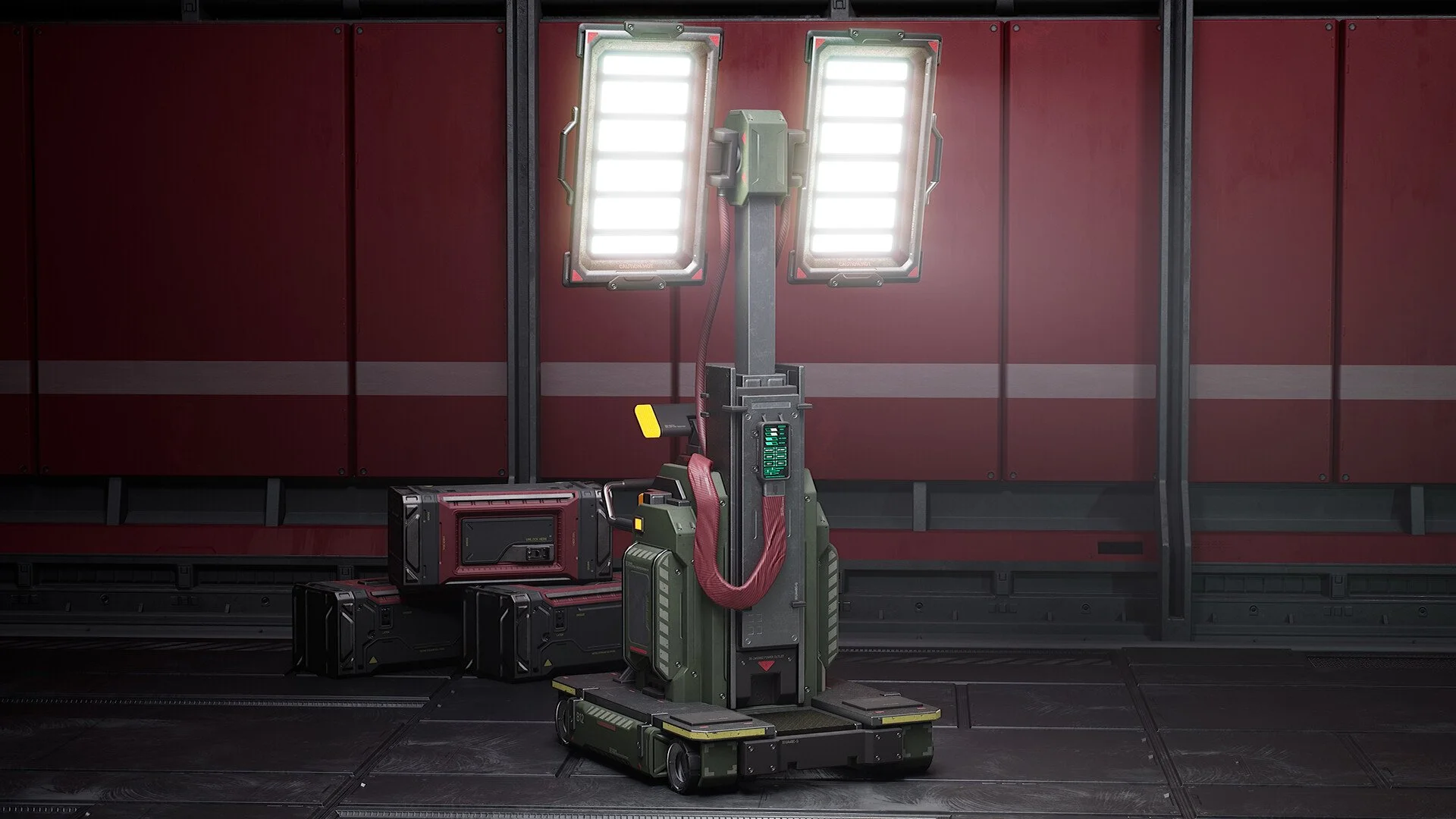 A futuristic robot with a green body and red accents stands in a sci-fi environment, surrounded by dark containers and a red wall with metal beams. The robot has two bright lights above it and a control panel on its body.