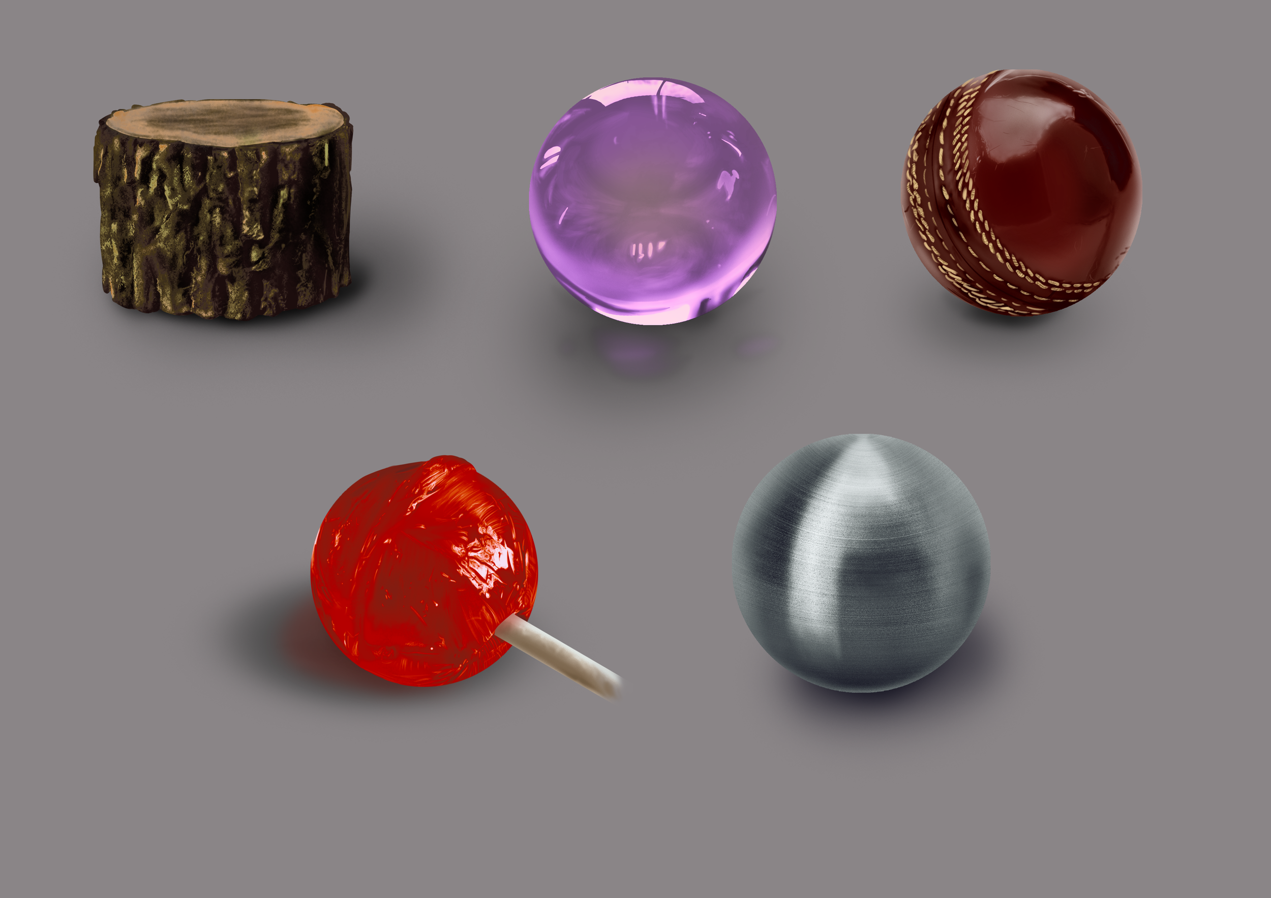 Various colorful candies including a red lollipop, a gray metallic sphere, a purple glass sphere, a brown patterned sphere, a wooden-textured piece, and others on a gray background.