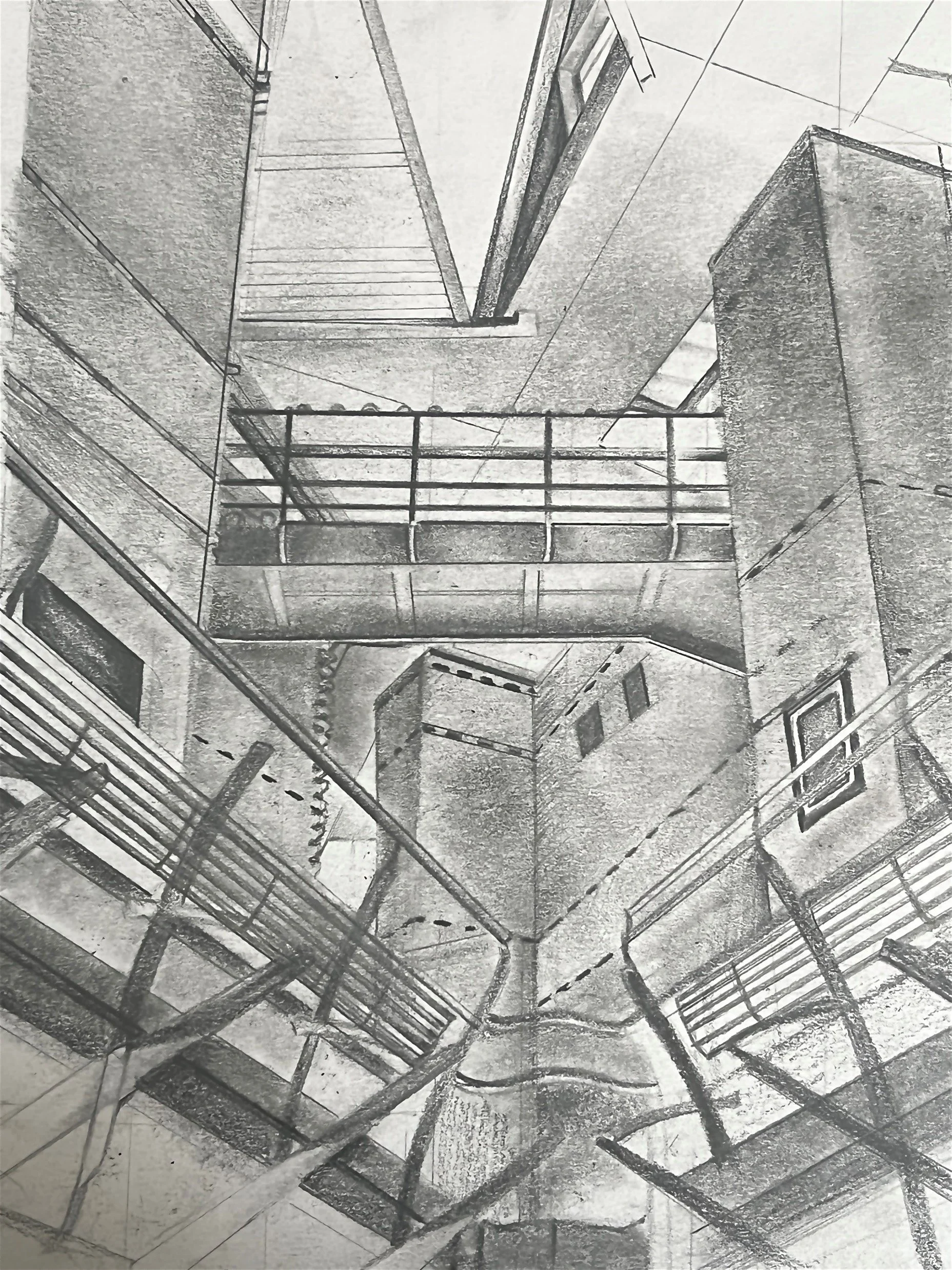 A pencil sketch of a city alleyway with fire escapes on building facades and a view looking up toward the sky.