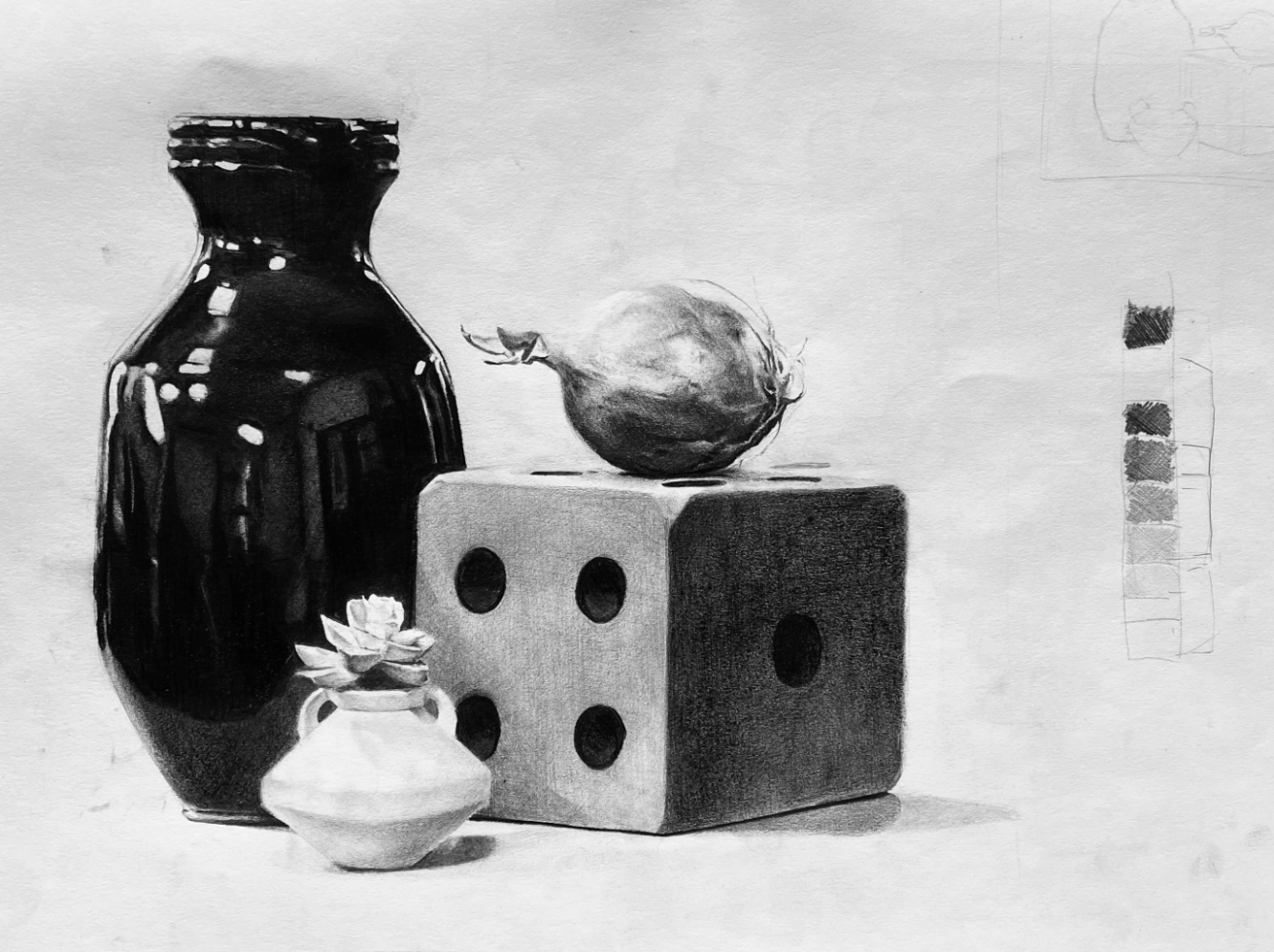 A still life drawing featuring a dark glass vase, a small white vase with a flower, a die, and an onion, with color swatches on the side.