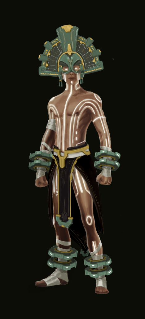 A futuristic warrior with a glowing metallic body, wearing an elaborate headpiece with technological elements, standing against a dark background.