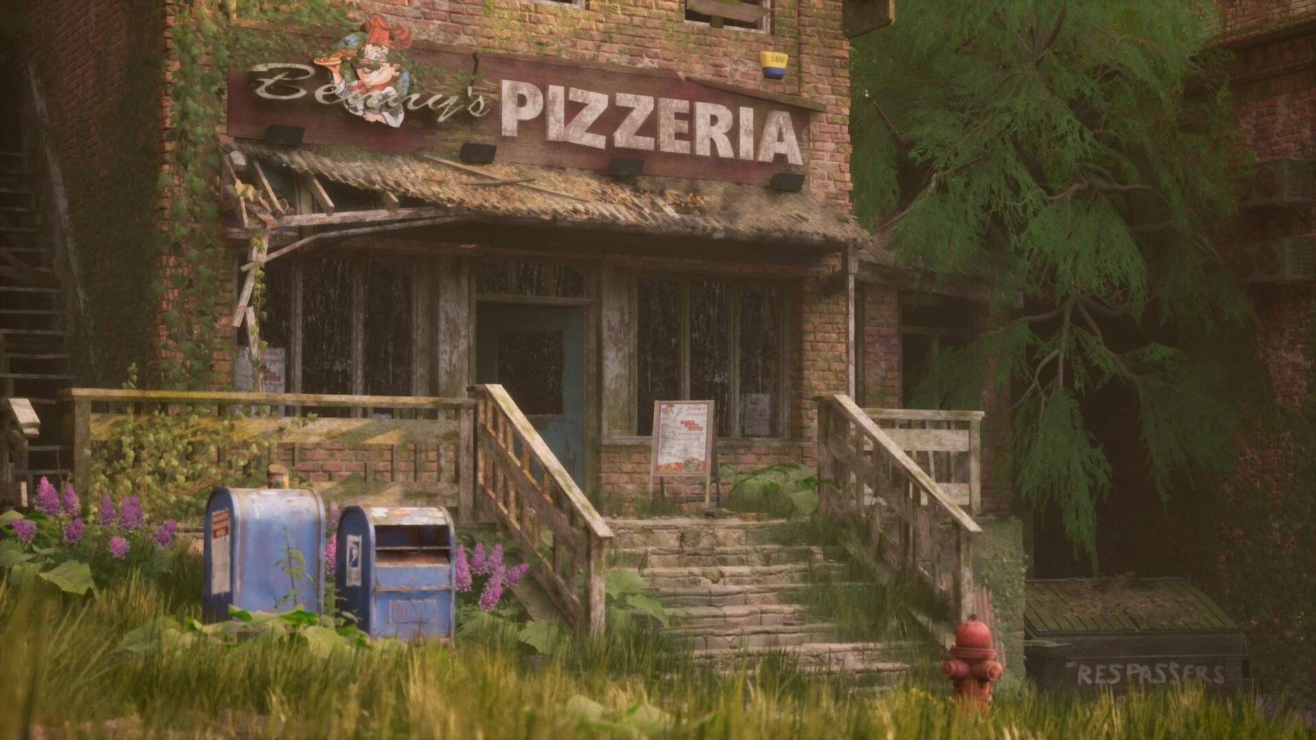 An abandoned brick building with a sign that reads 'Ben's Pizzeria,' overgrown with vines and surrounded by wildflowers and a grassy lawn. Two mailboxes are in the foreground, and a red fire hydrant is near the bottom right corner. The building has weathered wood and moss on the awning, with trees in the background.