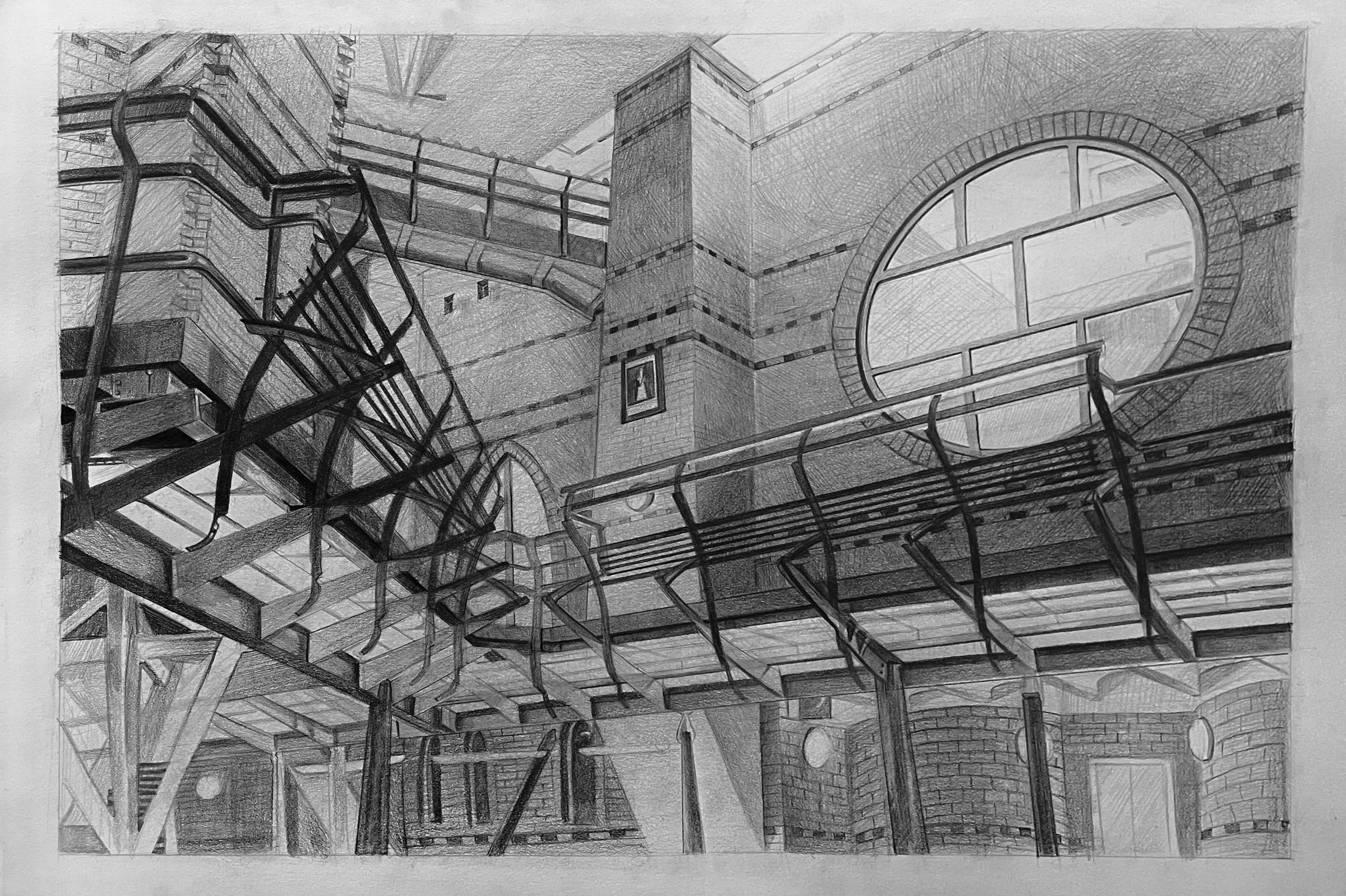A detailed architectural pencil drawing of storey-brick buildings with a fire escape staircase and fireman poles, including a round window and a framed picture on the brick wall.