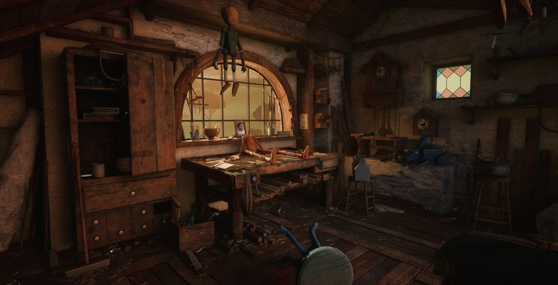 Cozy rustic woodworking workshop with wooden furniture, tools, and a large window with scenic outdoor view.