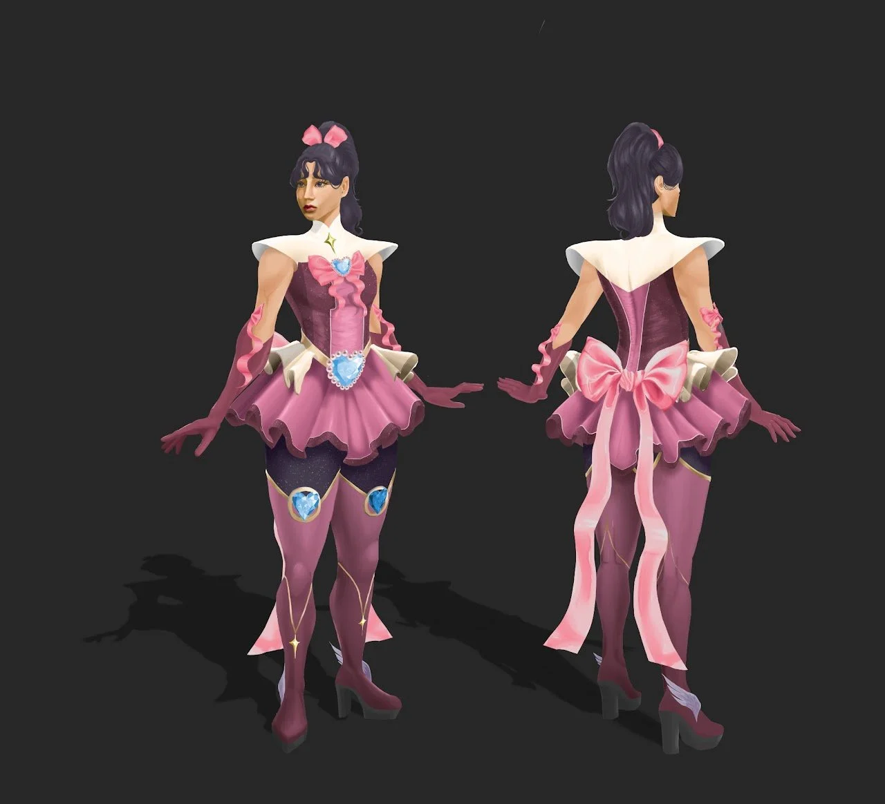 Digital illustration of a woman in a pink and purple fantasy costume with bows, jewelry, and thigh-high stockings, shown from front and back.