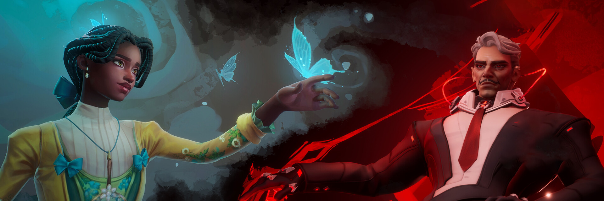 A digital illustration of a woman with dreadlocks, wearing a yellow jacket with blue bows, and a man with gray hair in a futuristic white and black suit. The woman is using her hand to conjure a glowing blue butterfly, while the man's hand emits red lines and energy, suggesting a confrontation or interaction between the two characters.