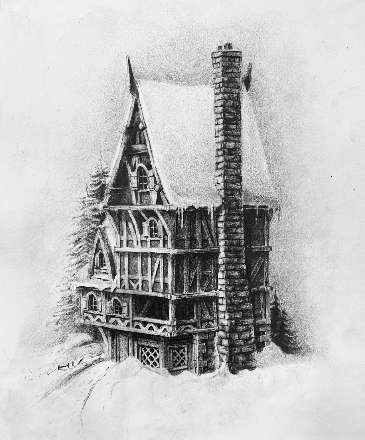 A black and white pencil drawing of a rustic, multi-story house with a steep,gabled roof, detailed windows, and a tall brick chimney, surrounded by snow.