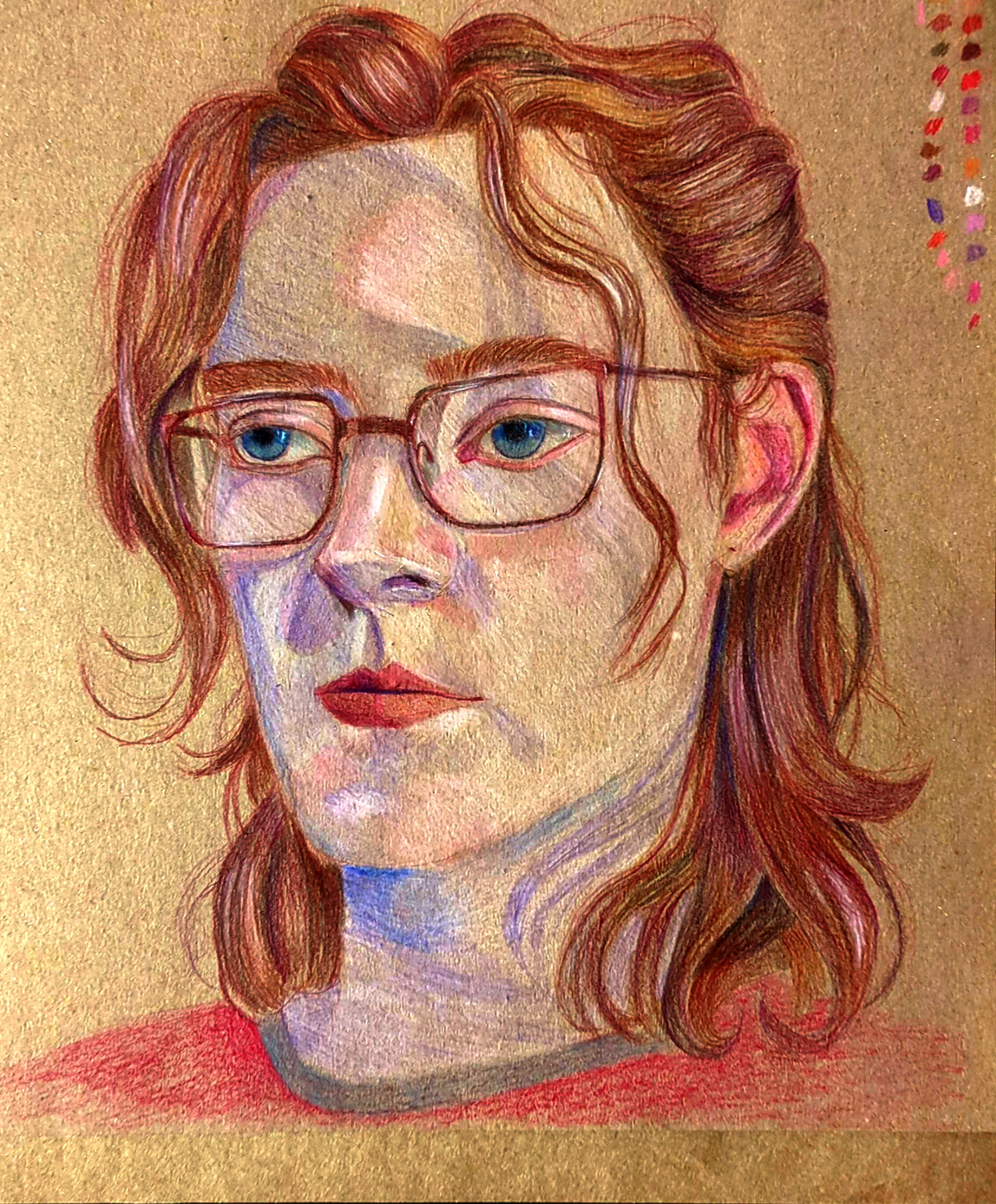 A colored pencil drawing of a woman with red hair, glasses, and blue eyes on a textured golden background.