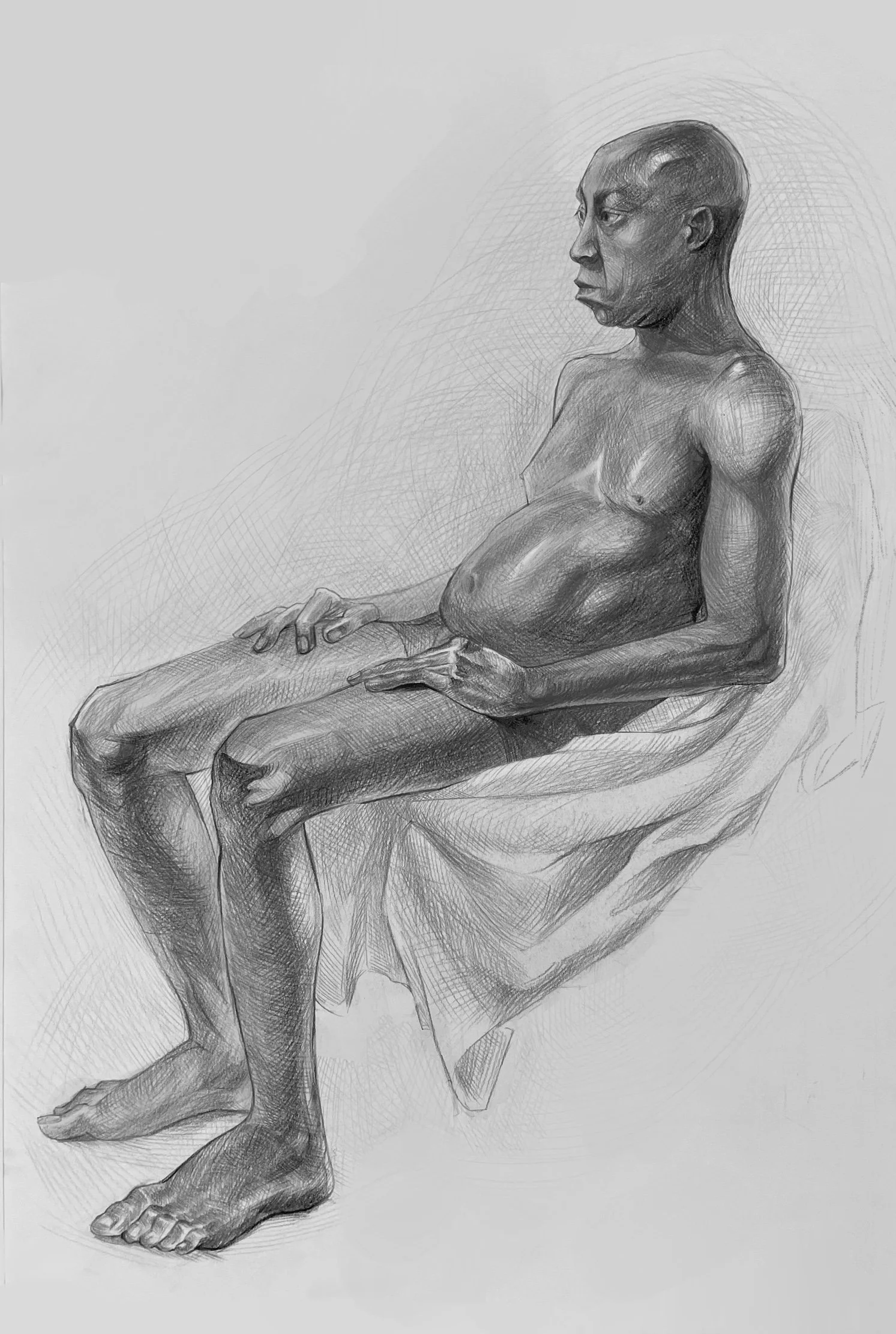 Black and white sketch of a seated nude man viewed in profile, with detailed shading emphasizing muscle tone and anatomical features.