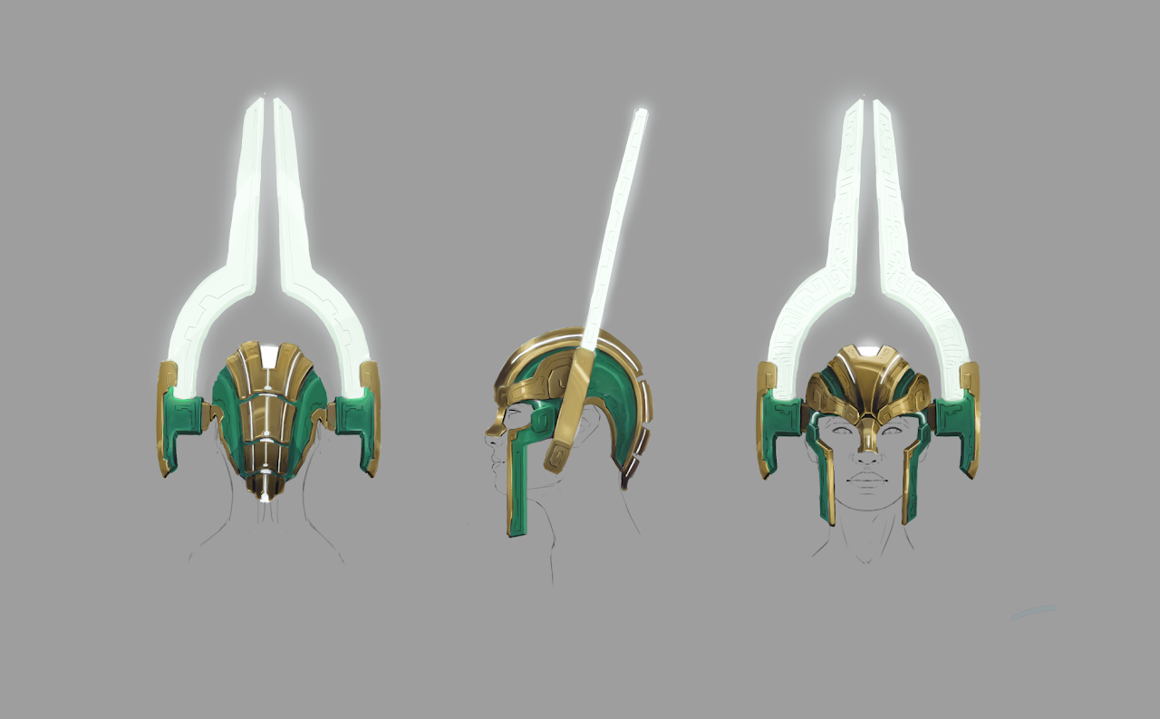 Concept art of a futuristic helmet with glowing white crest, shown from front, side, and front with human face outline.