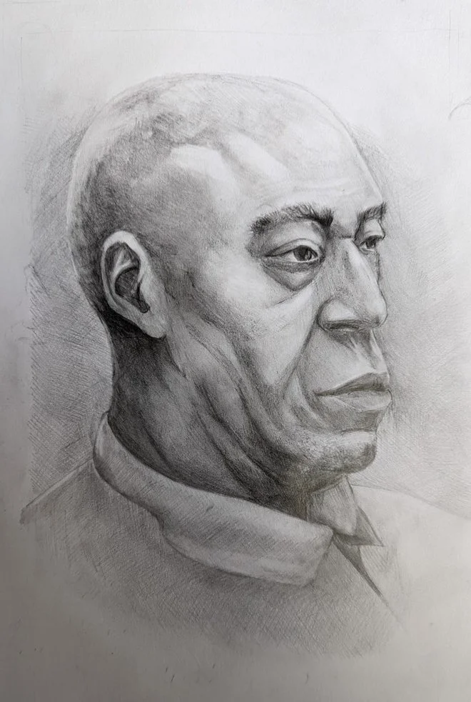 Black and white pencil sketch of a man with a bald head, prominent cheekbones, and wearing a collared shirt, in profile view.