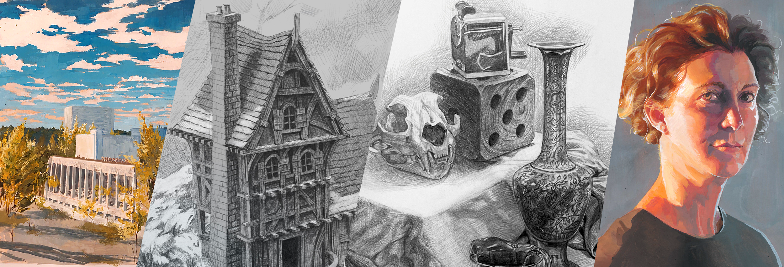A collage of four images: a painted cityscape with tall buildings and trees; a detailed pencil sketch of a Victorian-style house; a black-and-white drawing of vintage objects including a skull, dice, and a vase; a colorful portrait of a woman with curly hair.