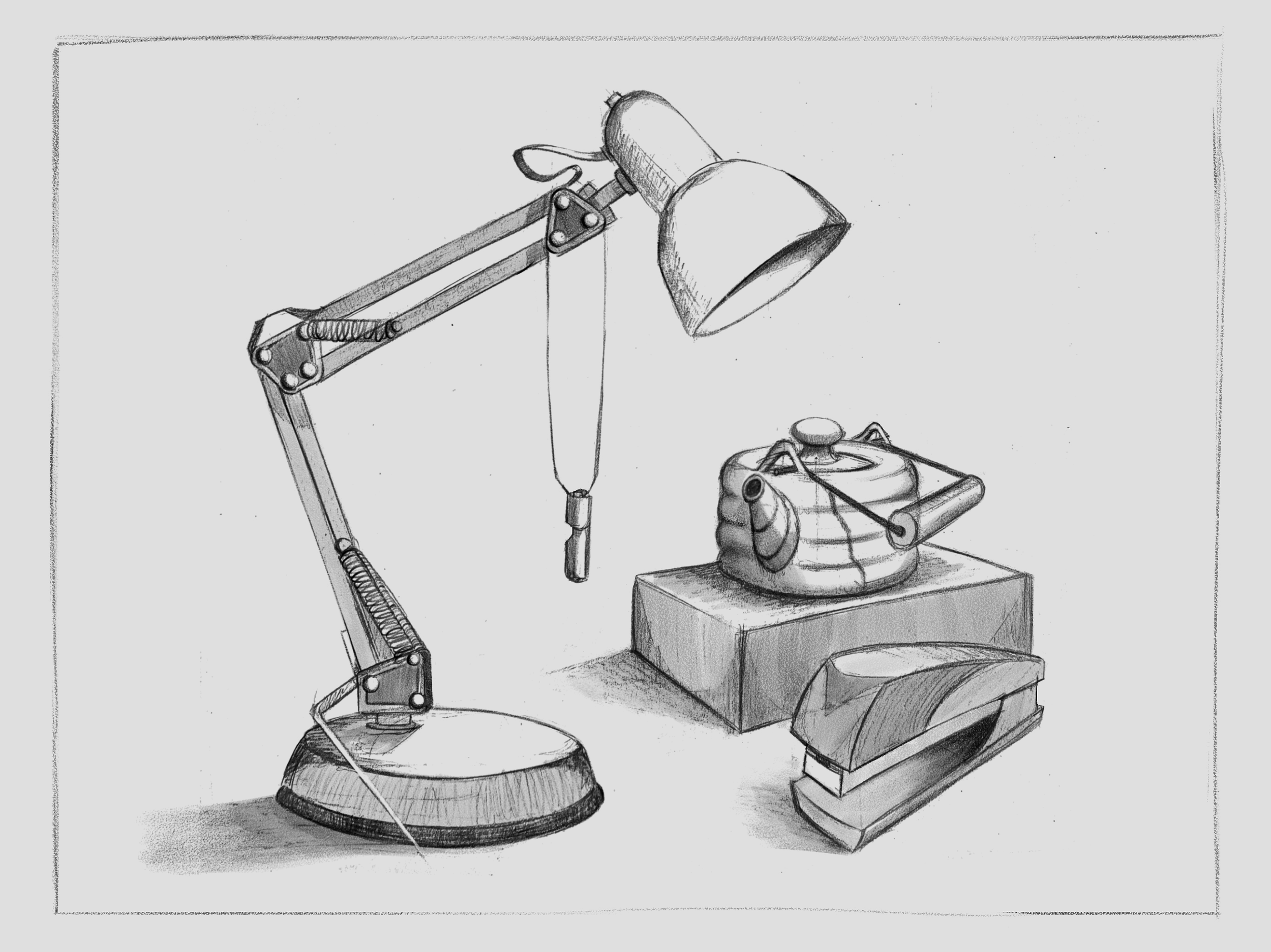 A detailed pencil sketch of a vintage desk lamp with an adjustable arm, positioned over a workbench, with additional objects including a round object on a stand and a rectangular box with gears.
