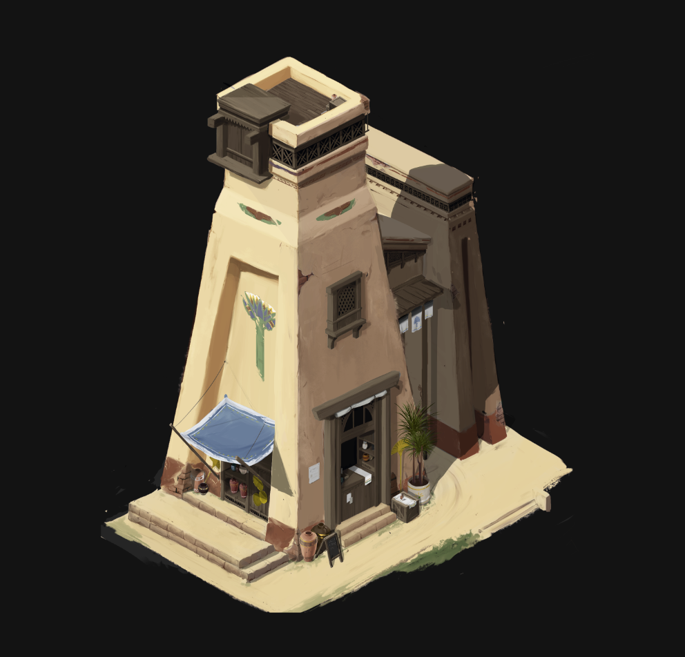 A small, beige, medieval-style tower with a dark roof, windows, and a front door, surrounded by sand and decorative plants.