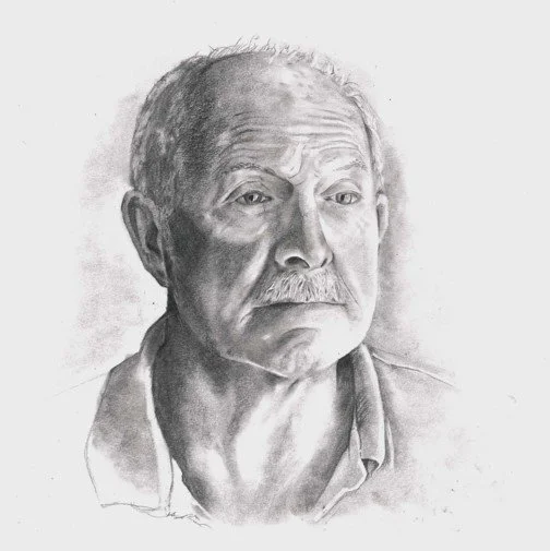A pencil sketch of an elderly man with a mustache, short hair, and wearing a collared shirt.