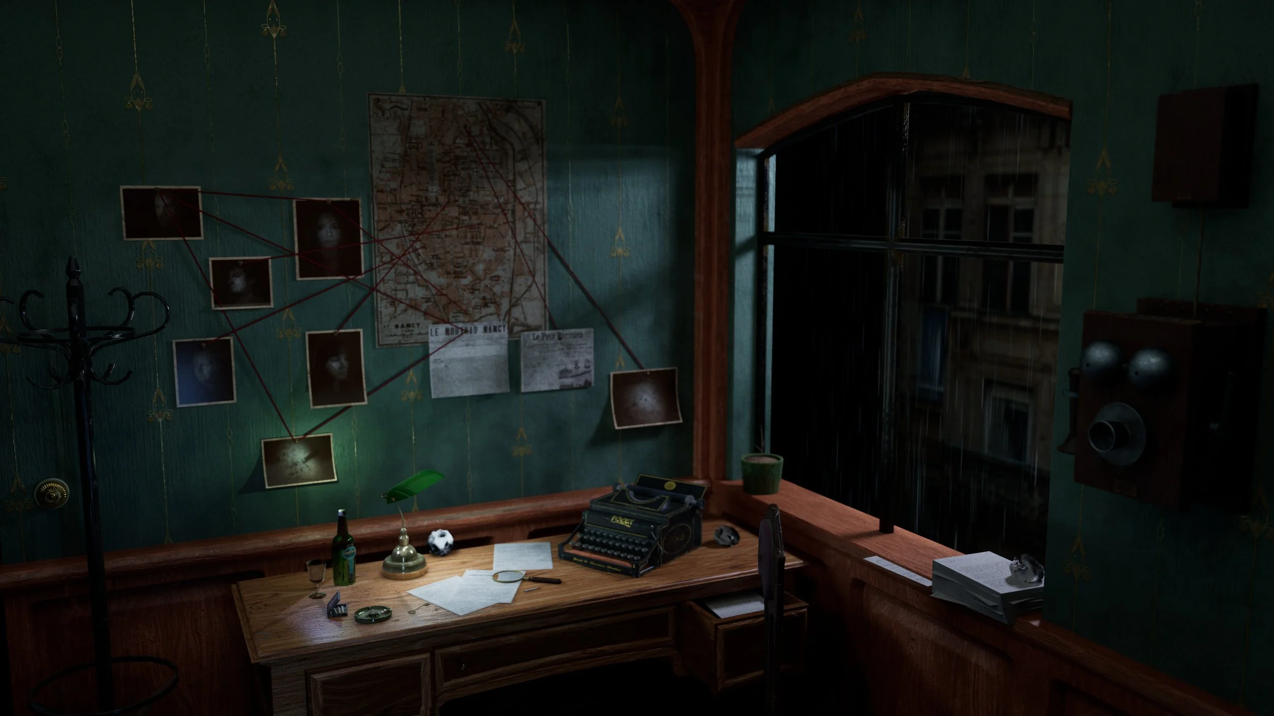 A dimly lit detective office with a wooden desk, cluttered with papers, a vintage typewriter, a glass, a bottle, and miscellaneous items. A window shows a rainy cityscape outside. There is a wall with photos connected by red string, a map, and newspapers, suggesting detective work.