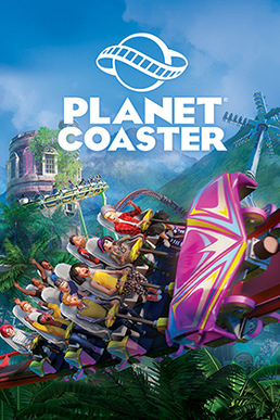 Promotional poster for Planet Coaster featuring a roller coaster with colorful cars, a lush green landscape, and a bright blue sky.