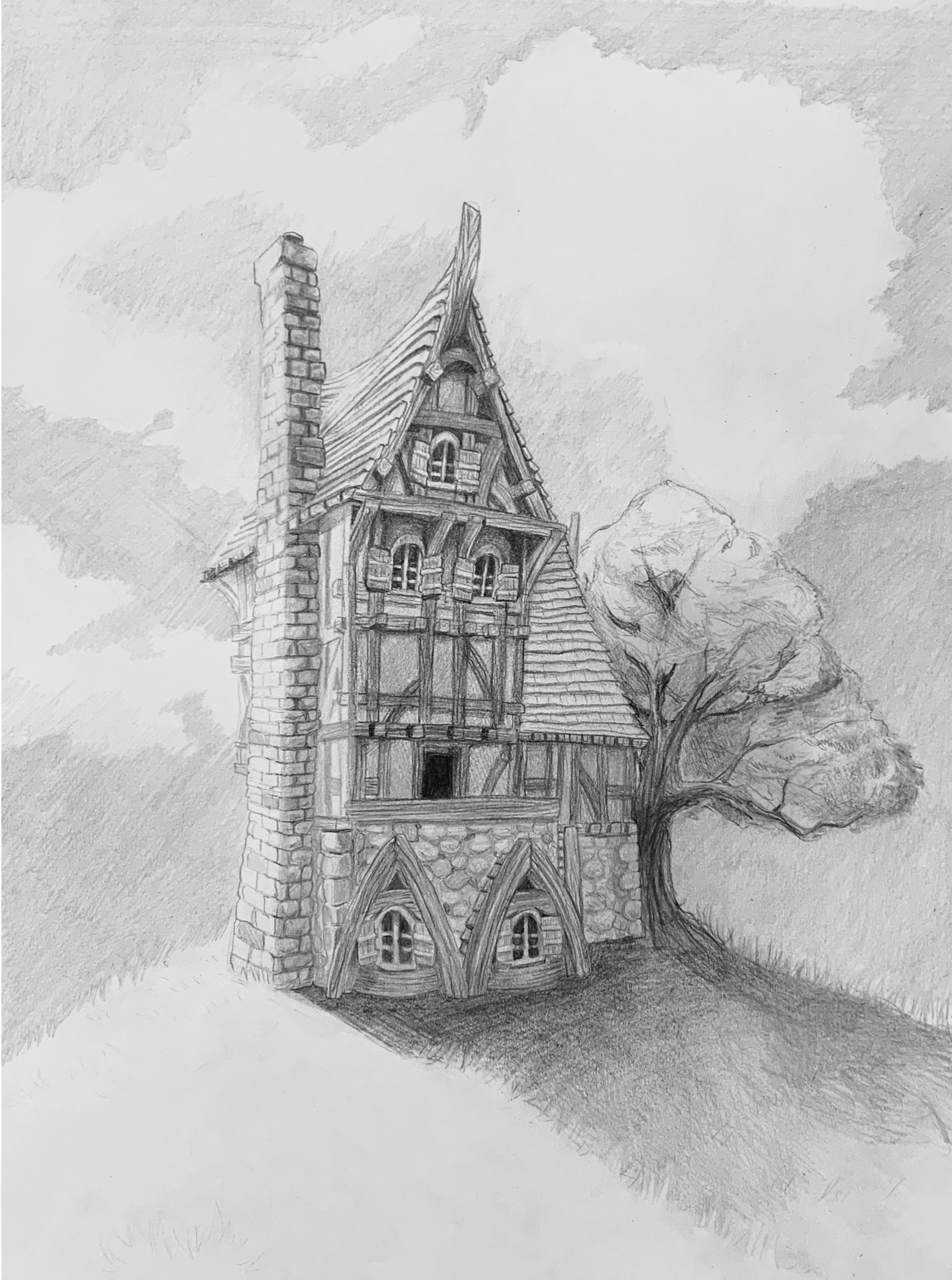 A detailed pencil sketch of a multi-story Gothic-style church or castle with a steep roof, a tall chimney, and arched windows, surrounded by trees and clouds in the sky.