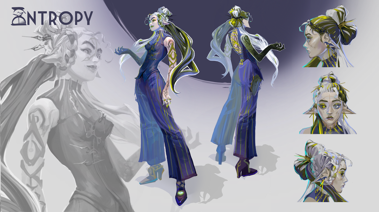 Digital character design of a female elf with long white hair, pointed ears, and intricate blue and gold clothing, shown from multiple angles including front, back, and side profiles.