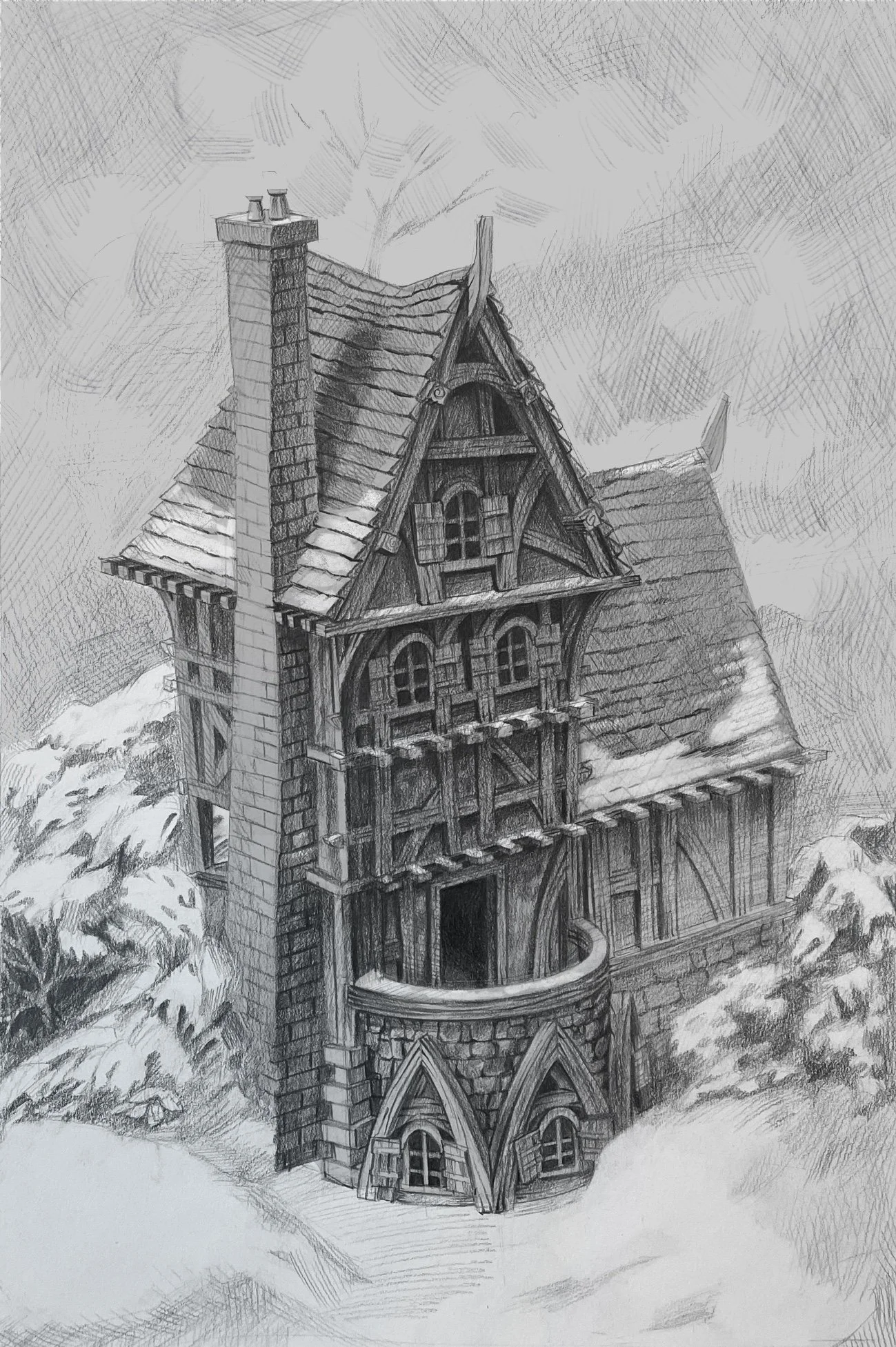 Sketch of a tall, Victorian-style house with a steep, shingled roof, prominent chimney, arched windows, and a rounded balcony, surrounded by trees and clouds.
