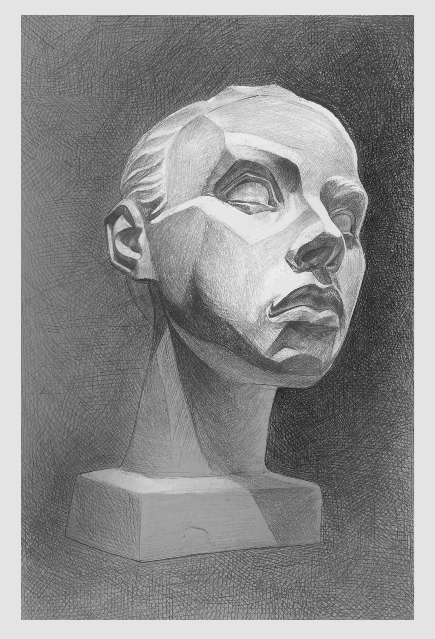 A pencil sketch of a classical sculpture bust of a woman with short hair, placed on a rectangular pedestal, with cross-hatched shading background.