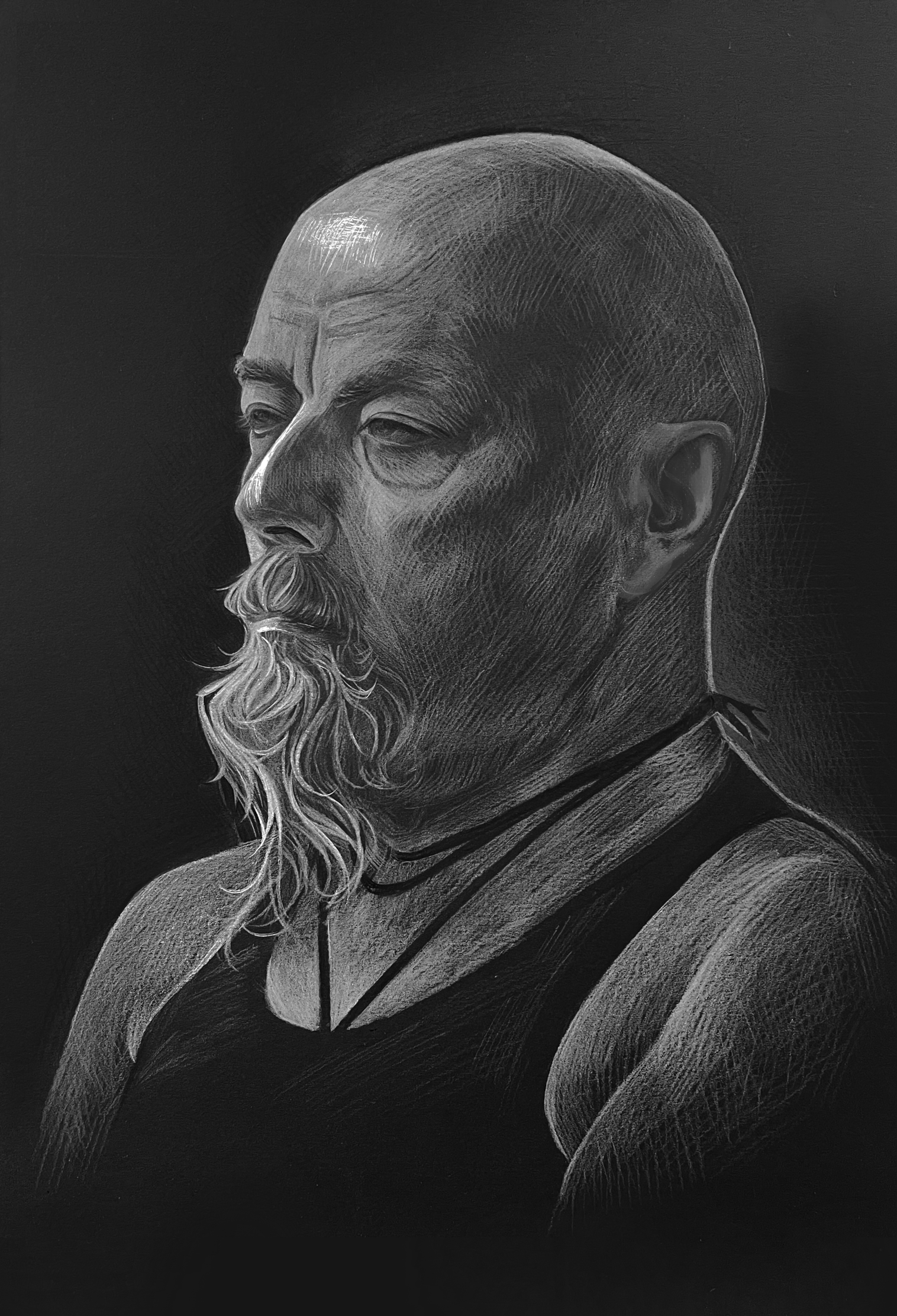 A detailed black and white portrait of an elderly man with a bald head and a long, flowing beard, looking thoughtfully to the side.
