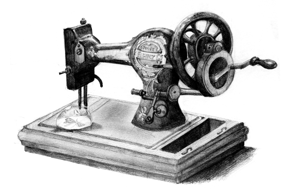 A black and white pencil sketch of a vintage manual machine, possibly a fish scaler or a similar device, mounted on a wooden base with numbered sections.