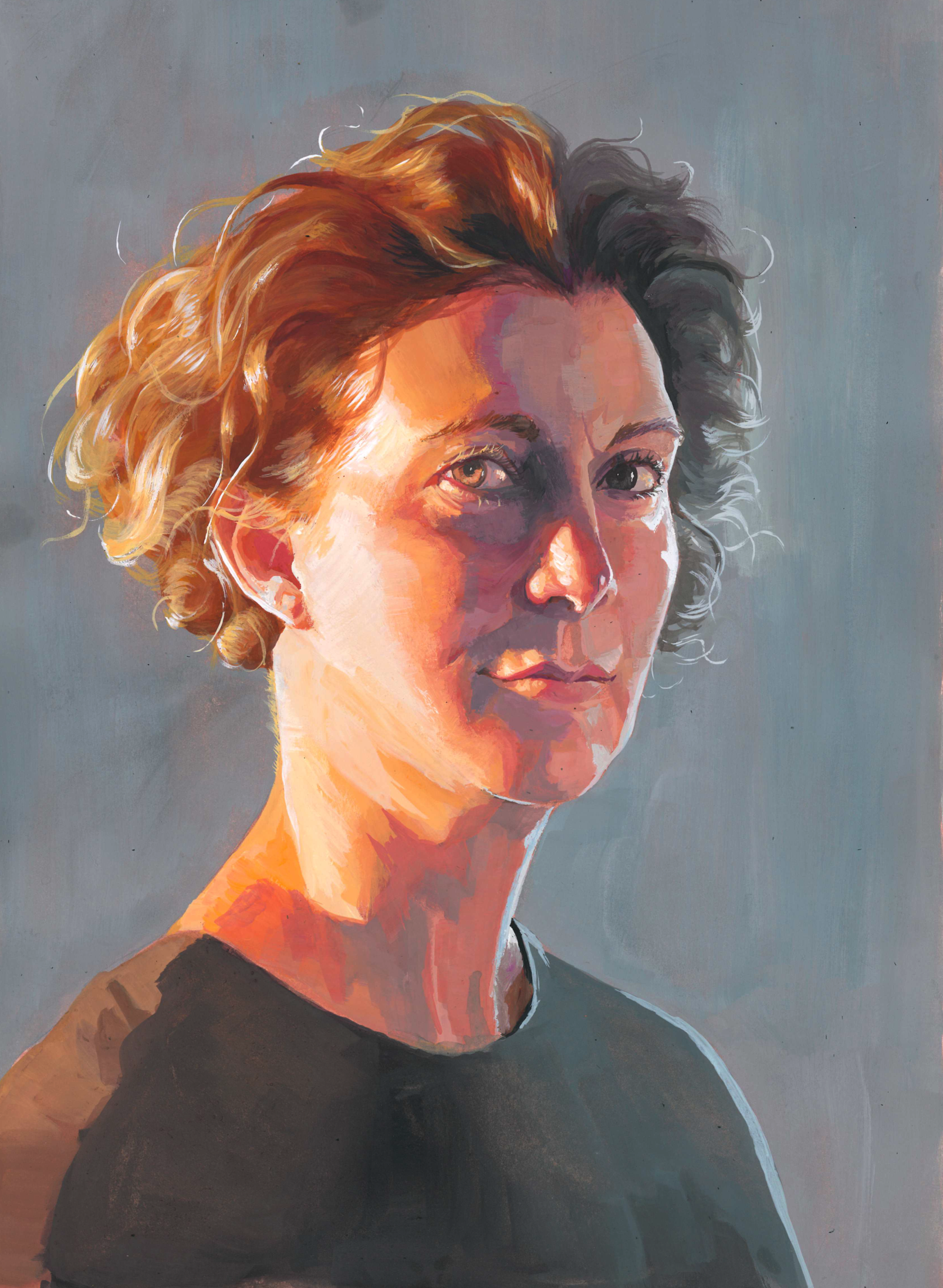 A portrait of a woman with short wavy hair, painted in a realistic style with warm tones and a gray background.