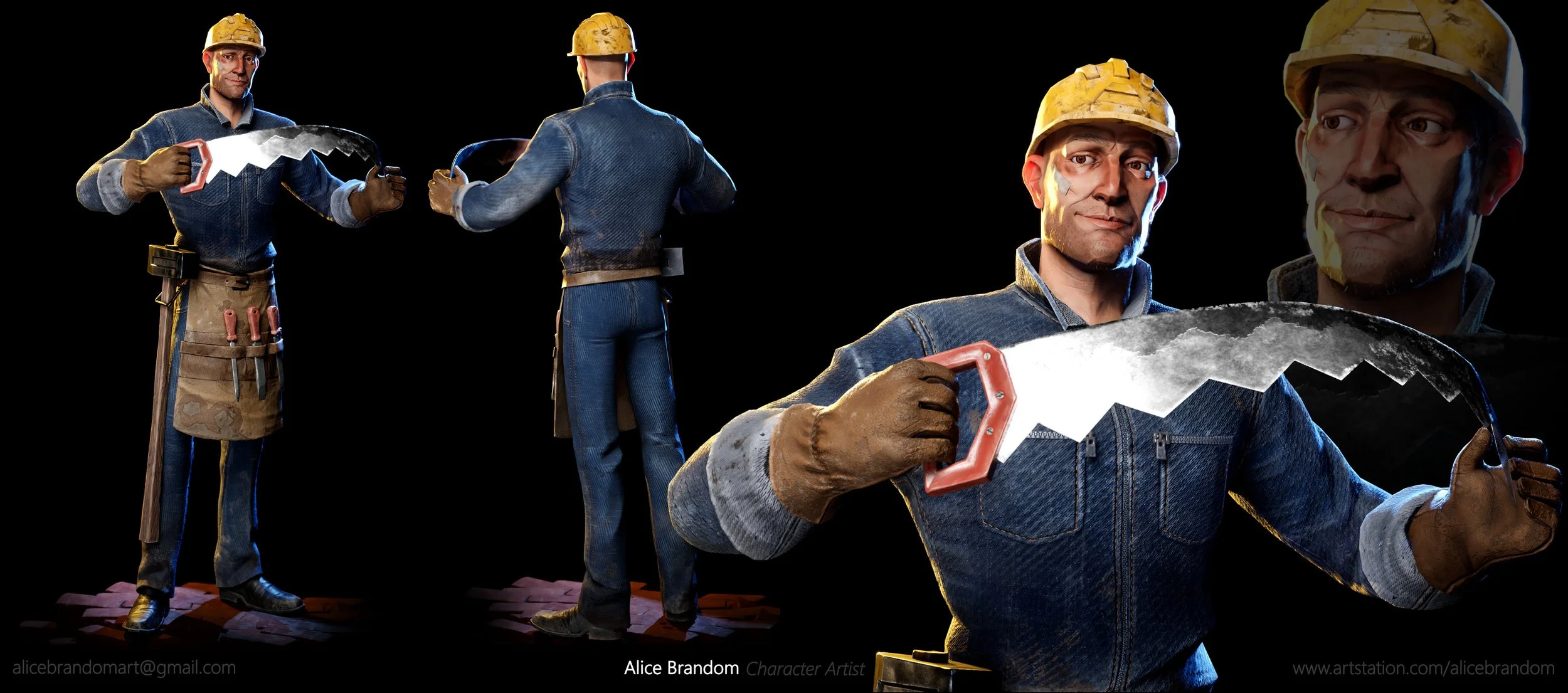 A detailed figure sculpture of a male construction worker holding a saw, shown from multiple angles against a black background. The figure is wearing a yellow hard hat, denim jacket, gloves, and tools on his belt.