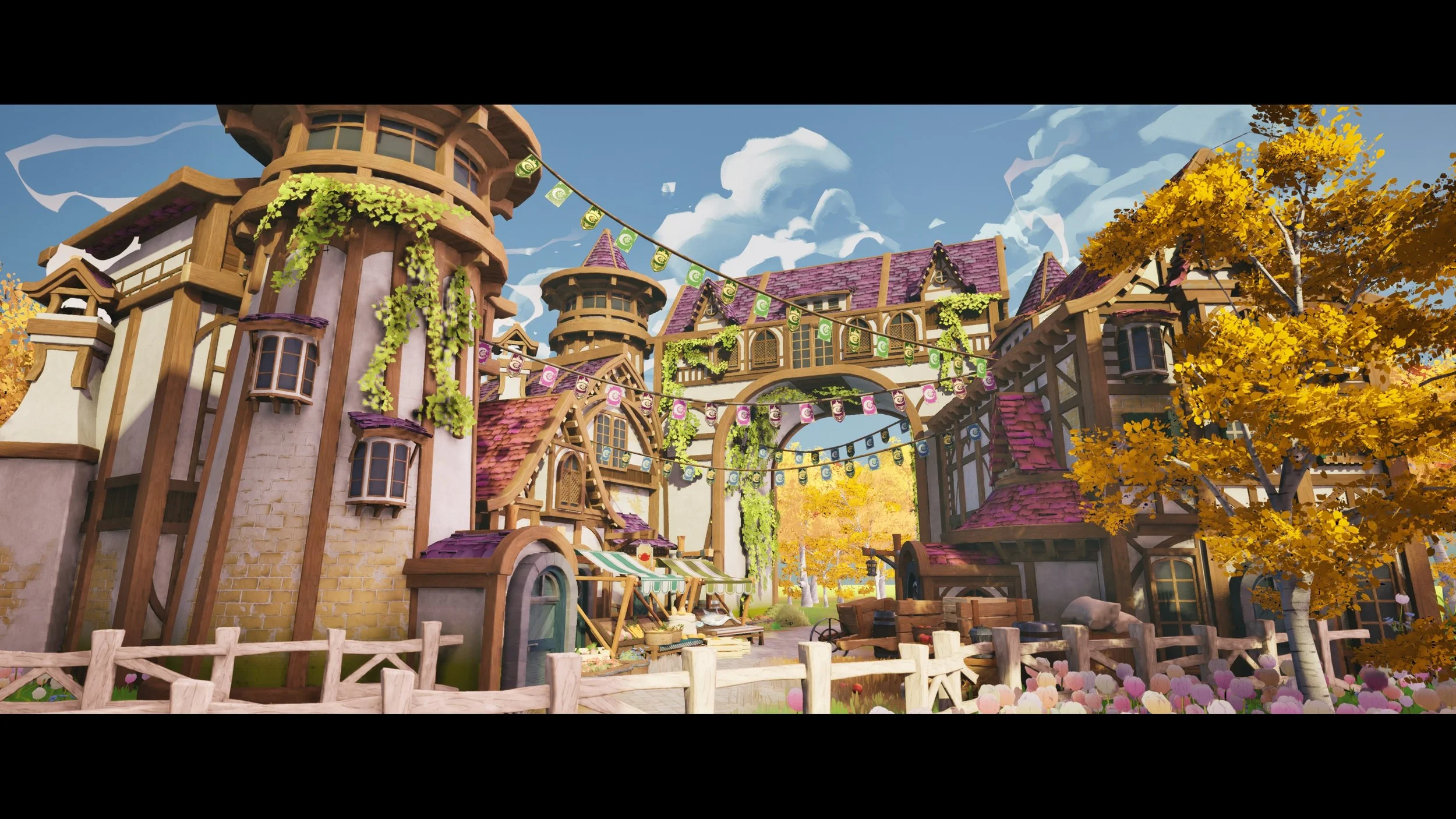 Colorful fantasy-style castle with purple roofs, yellow trees, and decorative flags in a bright, animated style.