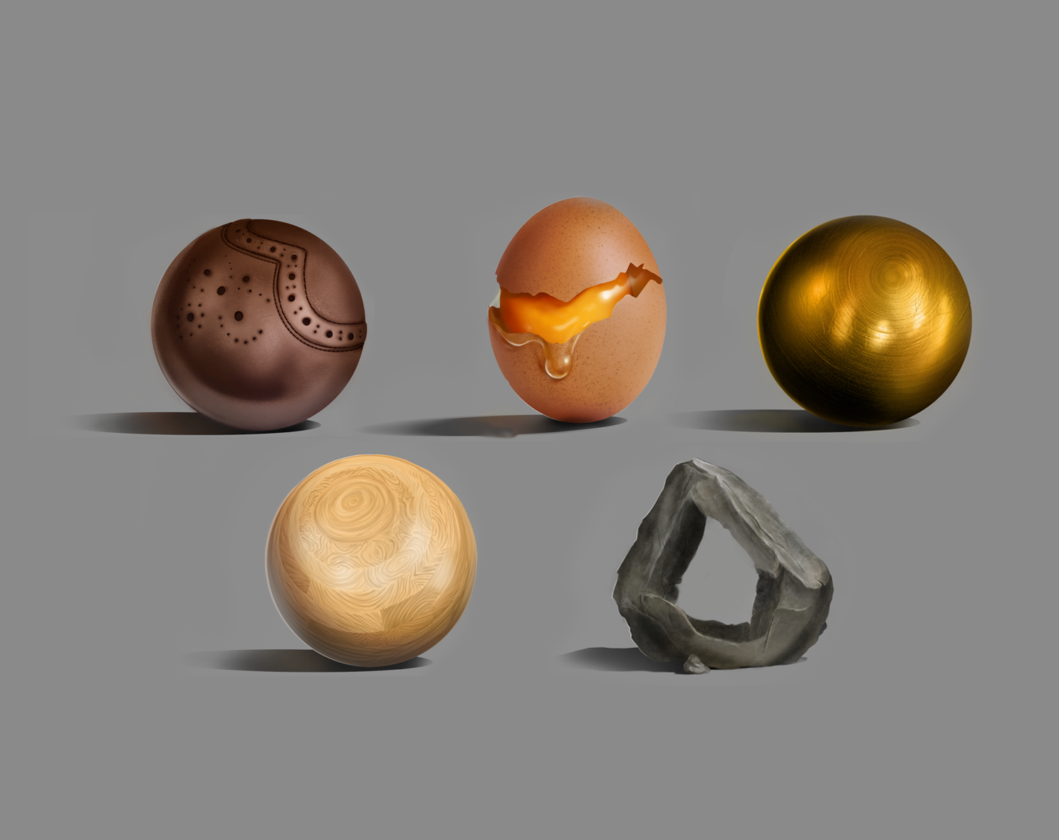 Five decorative spheres and one wooden or stone geometric shape on gray background. The spheres have various textures and finishes, including metallic, matte, and patterned, with one featuring an open crack revealing honey-like substance inside.