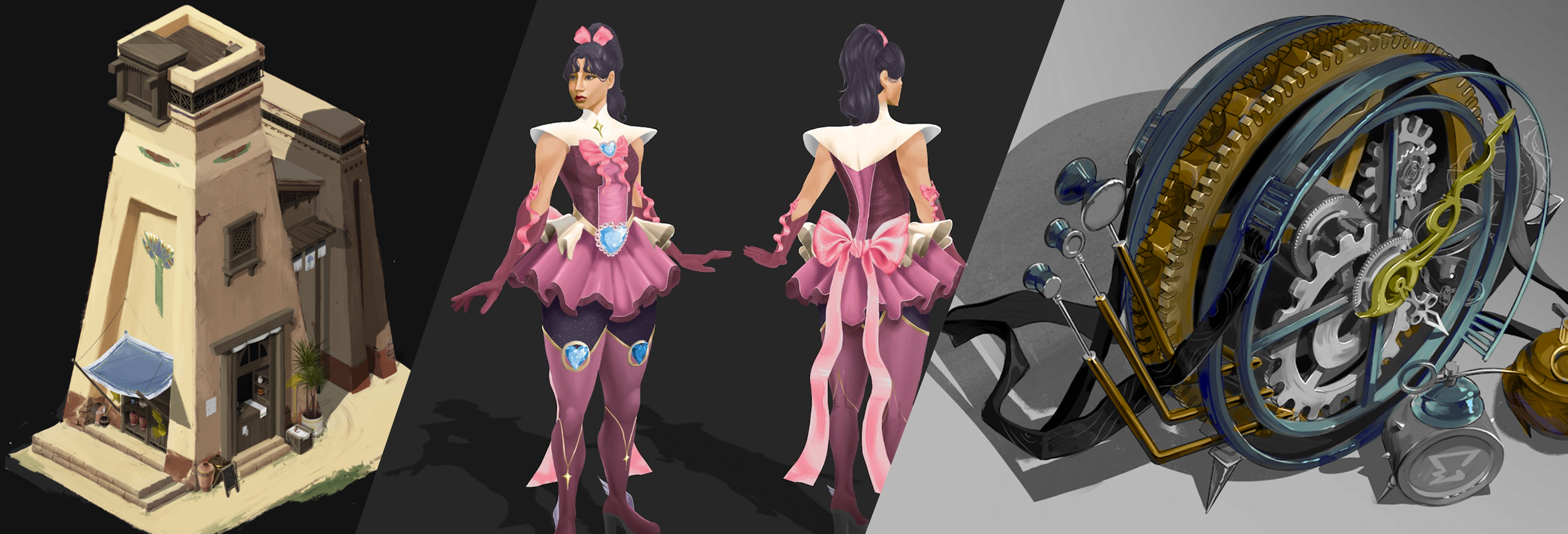 Image divided into three parts: a small house with an outdoor seating area, a digital character in a pink and purple fantasy dress shown from both front and back views, and a close-up of a complex clock or machinery with gears and gold accents.