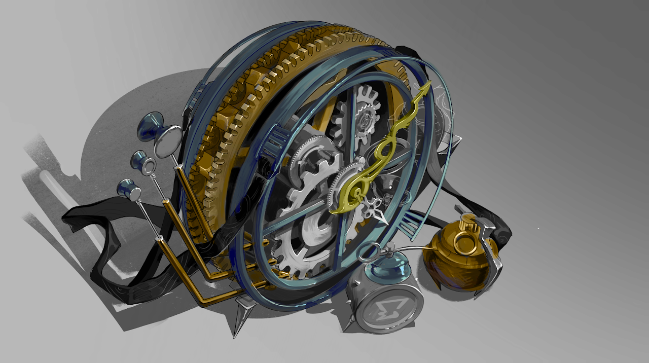 Steampunk-inspired clock with gears, cogs, and scientific instruments on a gray background.