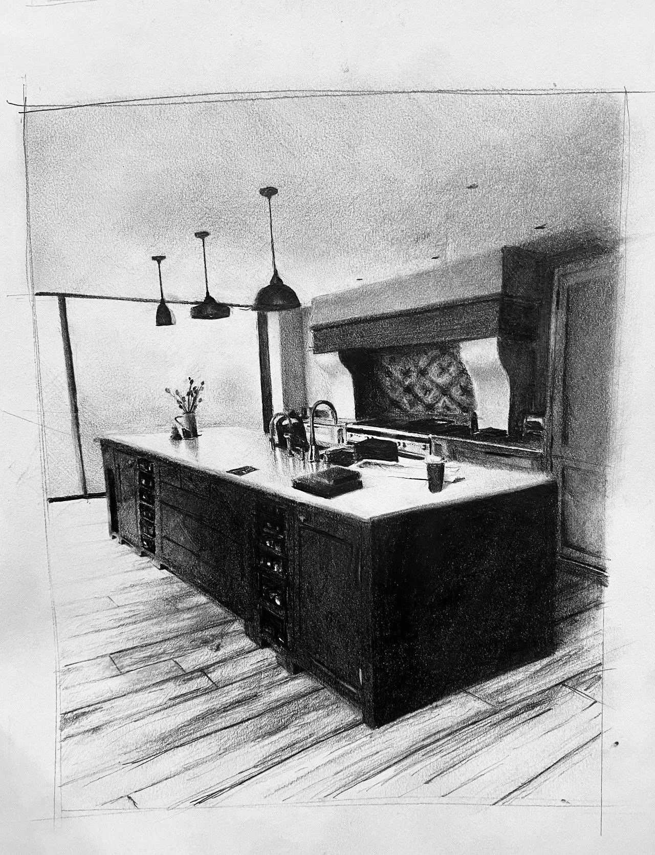 Sketch of a modern kitchen with a large island, pendant lights, and a stove with a vent hood, decorated with a vase and a cup on the countertops.