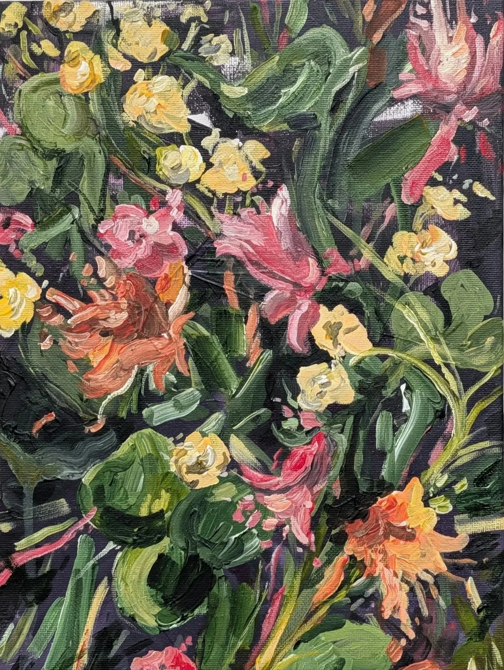 A colorful oil painting of a bouquet of flowers including pink, yellow, orange, and cream blossoms with green leaves on a dark background.