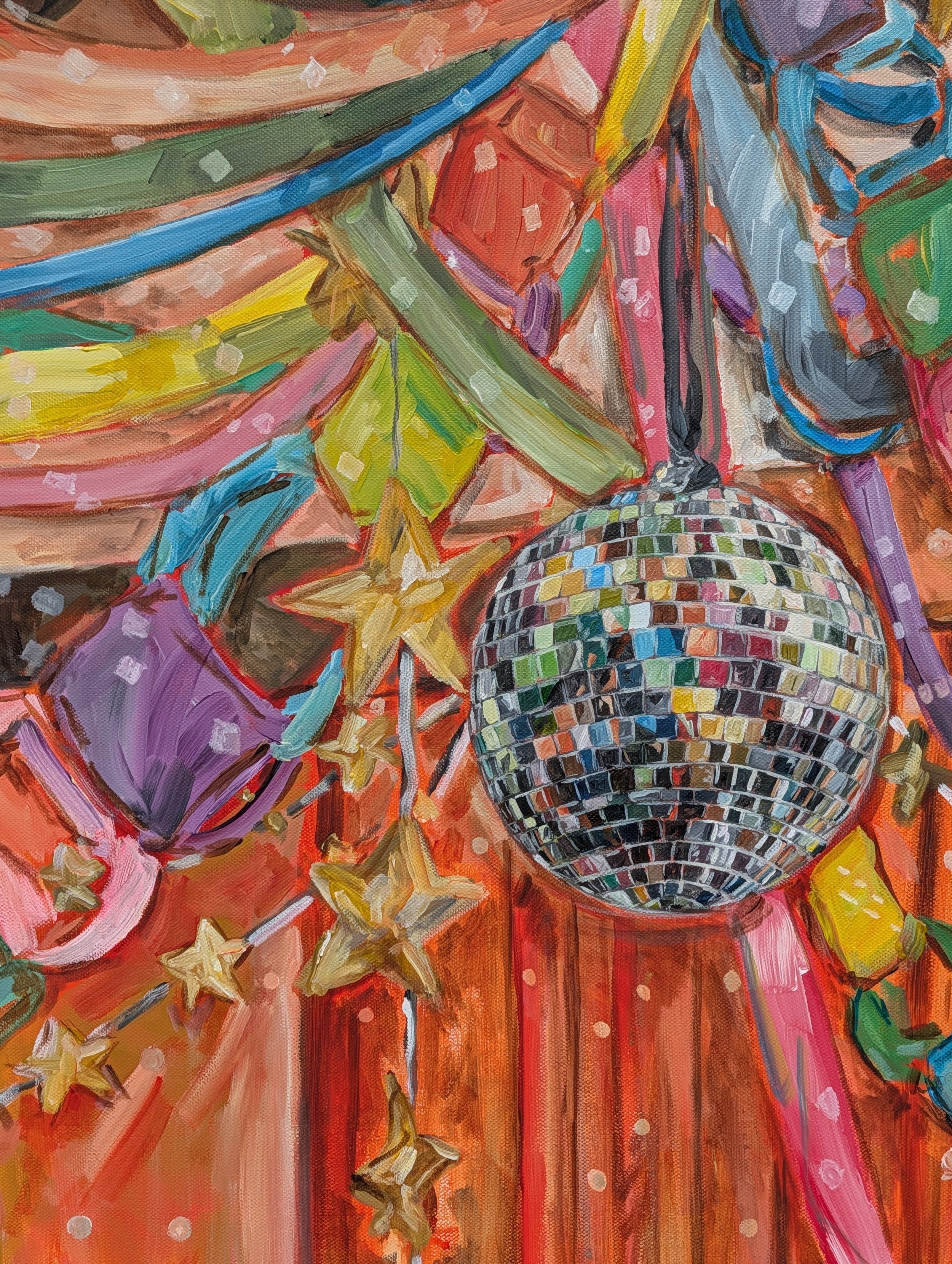 Colorful abstract painting featuring a disco ball, stars, and various bright colors.