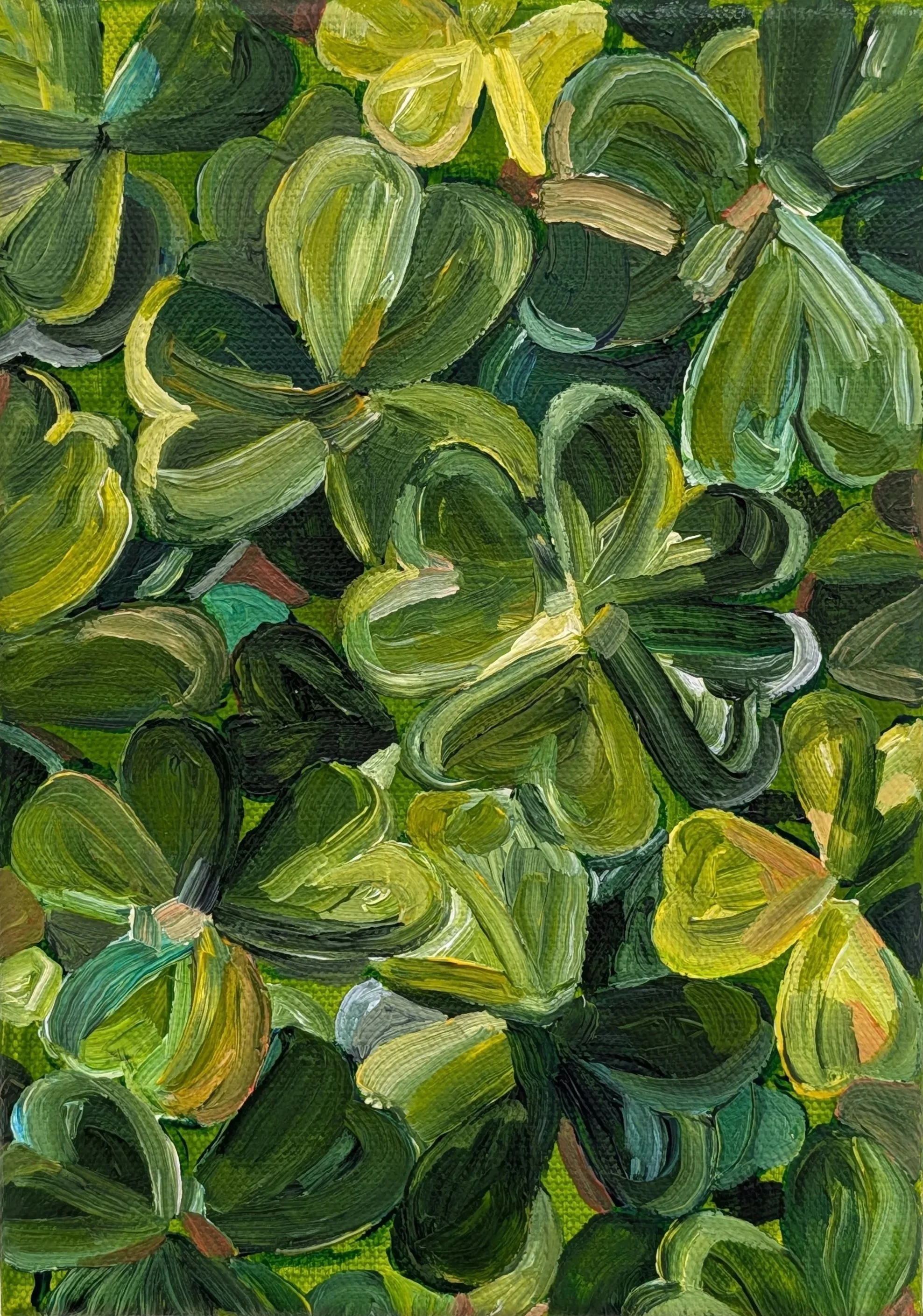 Abstract painting with broad, swirling brushstrokes in shades of green, yellow, and hints of brown and white.